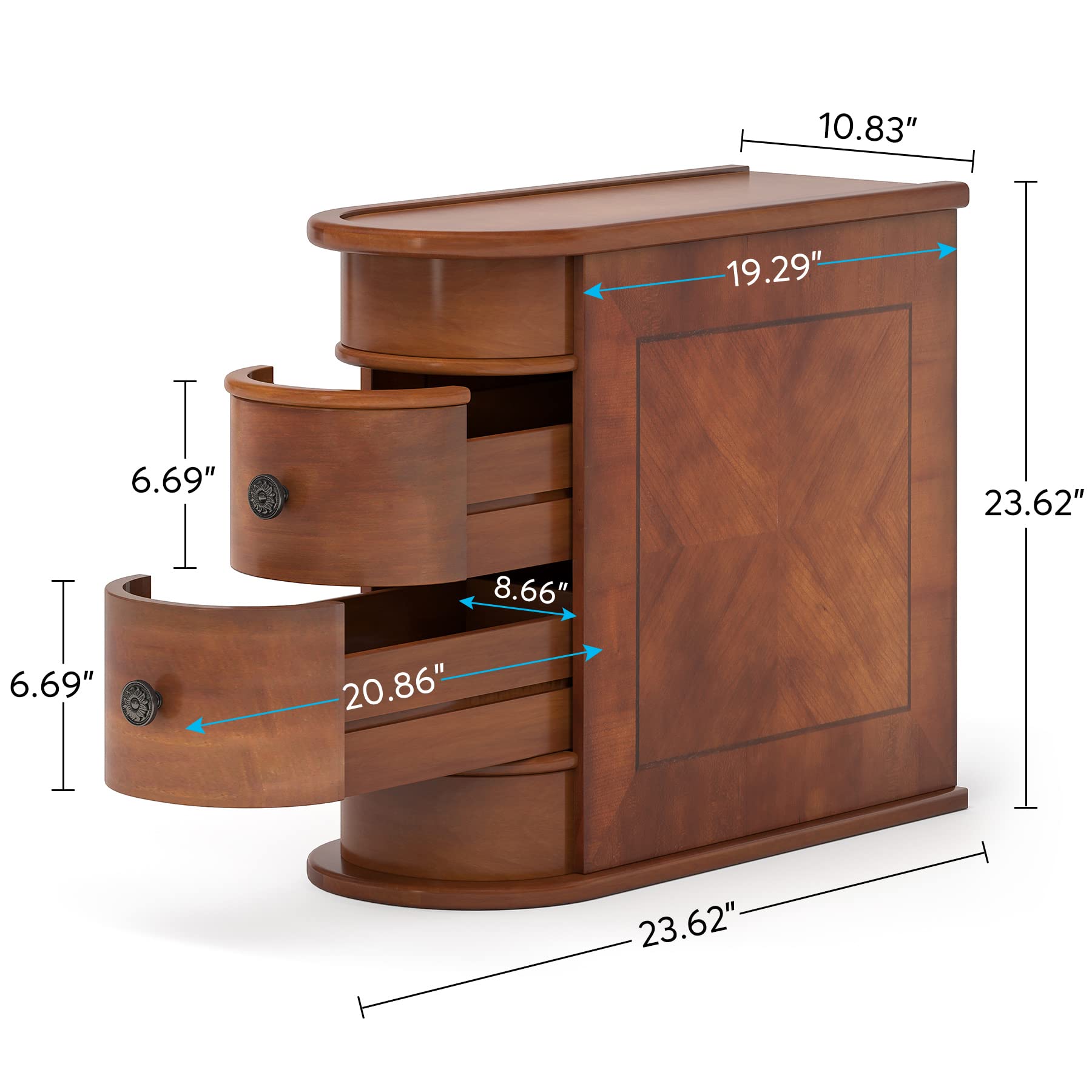 Wood End Table with 2 Drawers Sofa Side Table, No Assembly Required Vintage Slim Nightstand Bedside Table for Bedroom