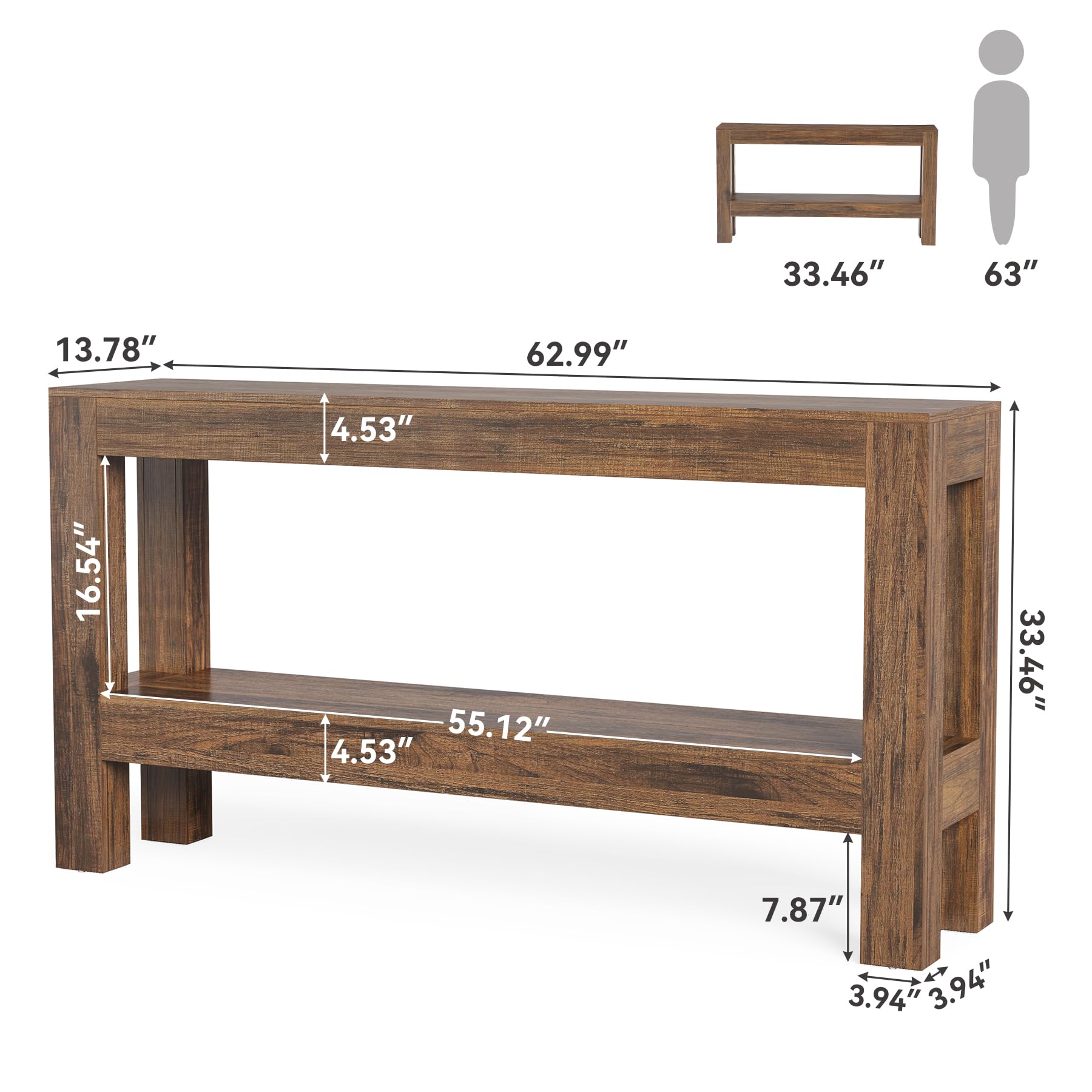 63-Inch Narrow Long Console Table for Living Room, Farmhouse Wood Entryway Table for Hallway, Sofa, Entry, Entrance, Foyer, Behind Couch with 2-Tier Shelves, Brown