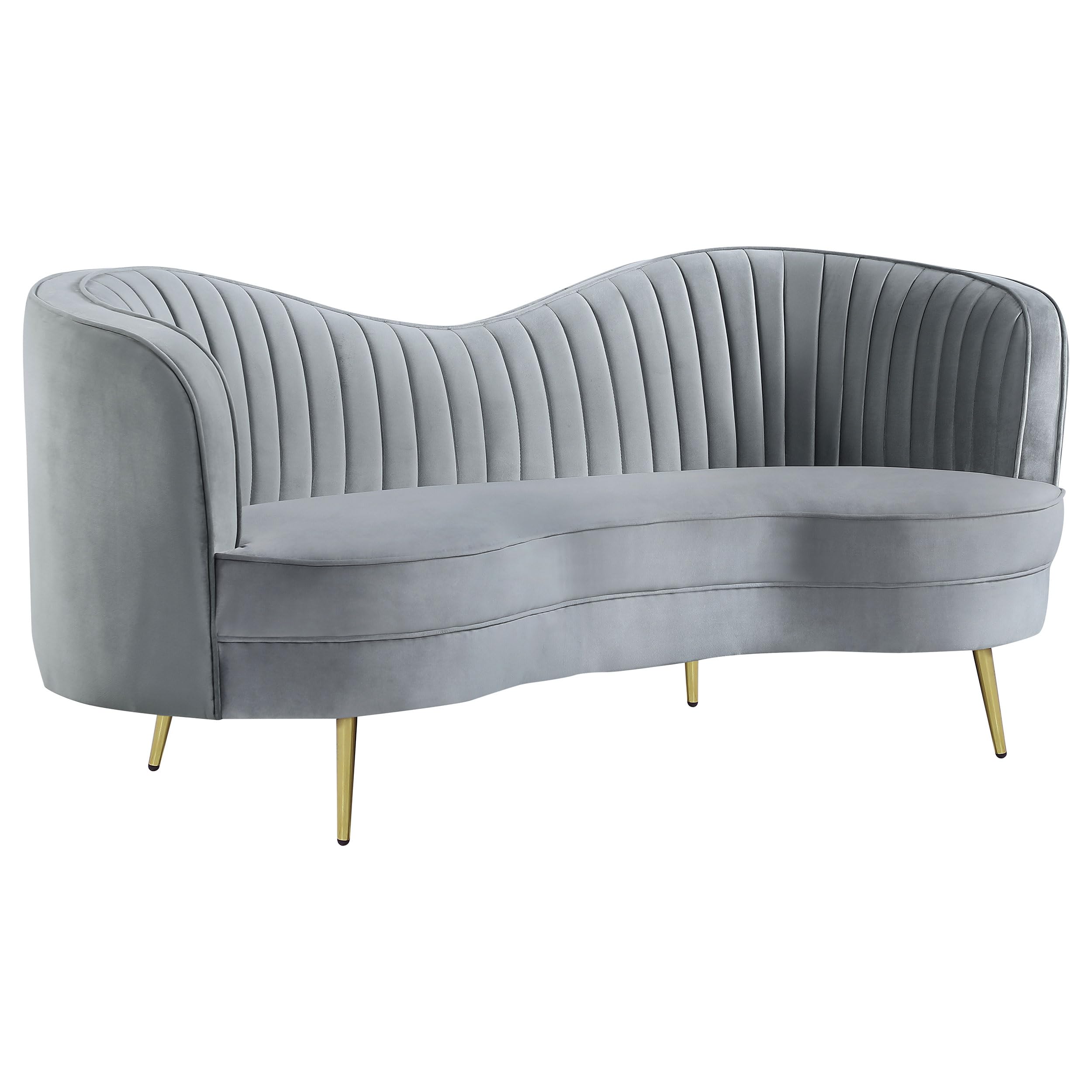 Sophia Loveseat 506865, Upholstered Velvet Channel Tufted Sofa with Inverted Camel Back & Gold Legs, Wood Frame, for Living Room, Gray