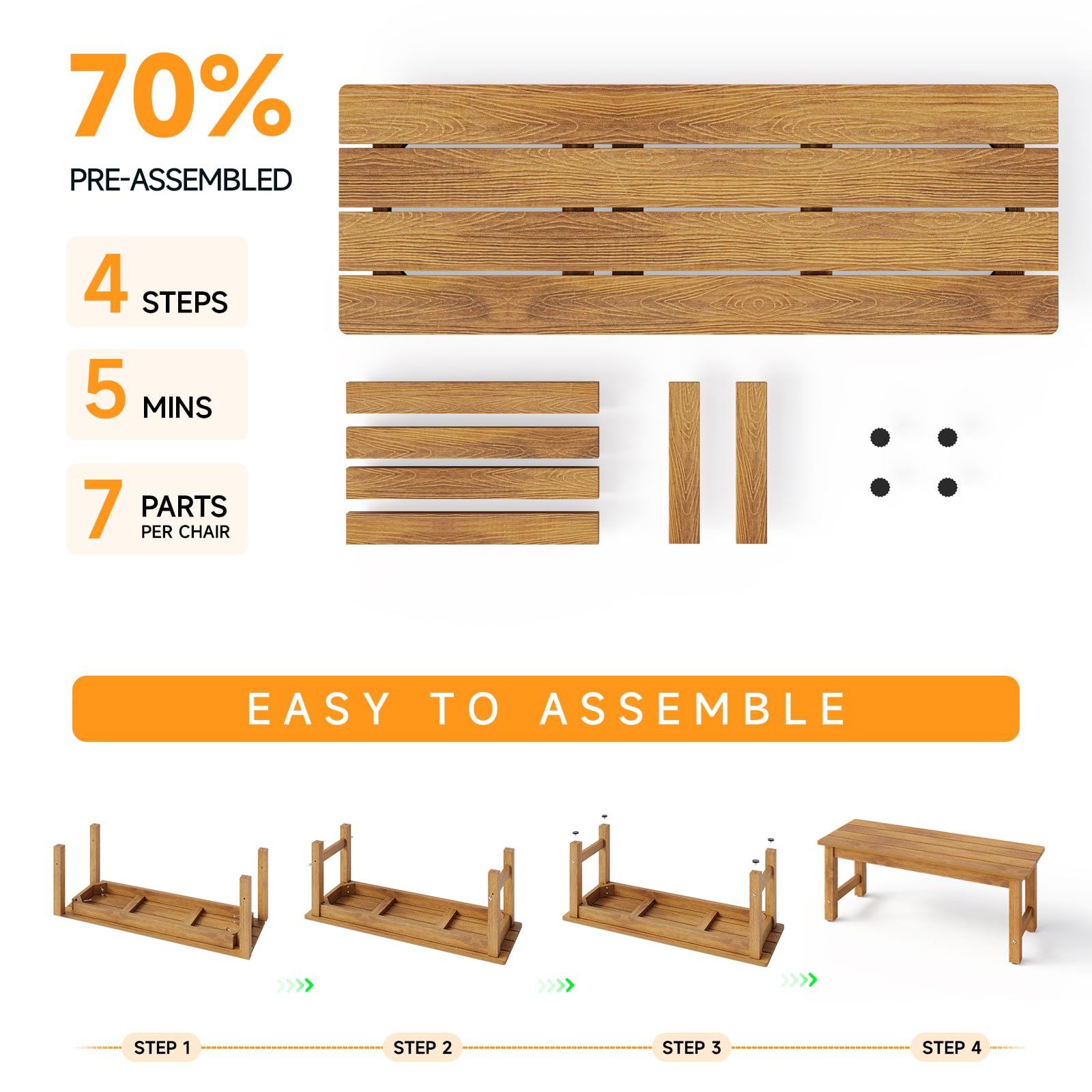 Outdoor 2-Person Bench, All-Weather Poly Lumber Patio Seat, Fade & Rot Resistant, Easy Assembly for Garden, Porch, Backyard, Teak