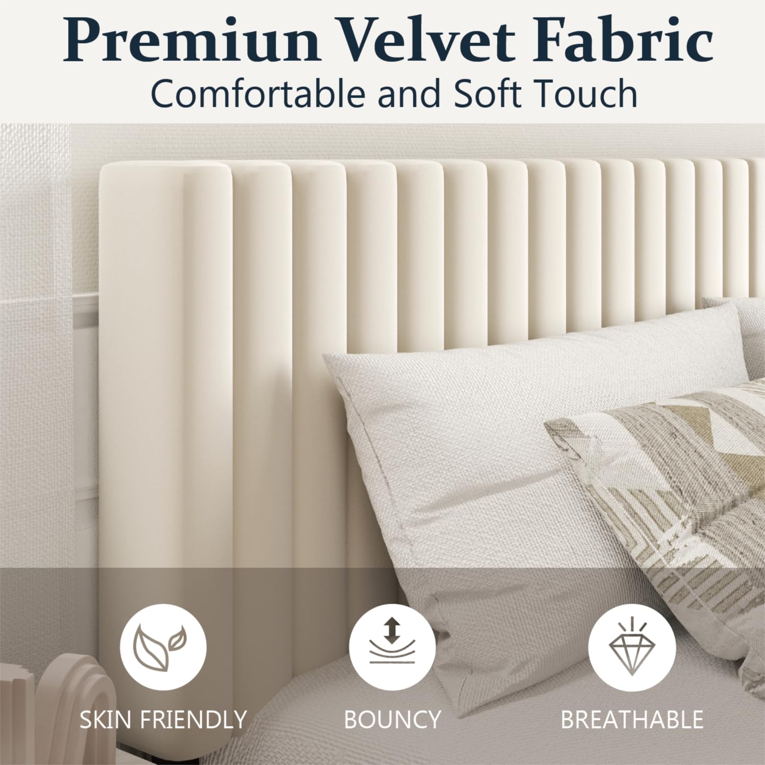 King Size Bed Frame,King Size Platform Bed Frame and Velvet Upholstered Headboard with Strong Wood Slats, Box Spring Optional, ,  Beige