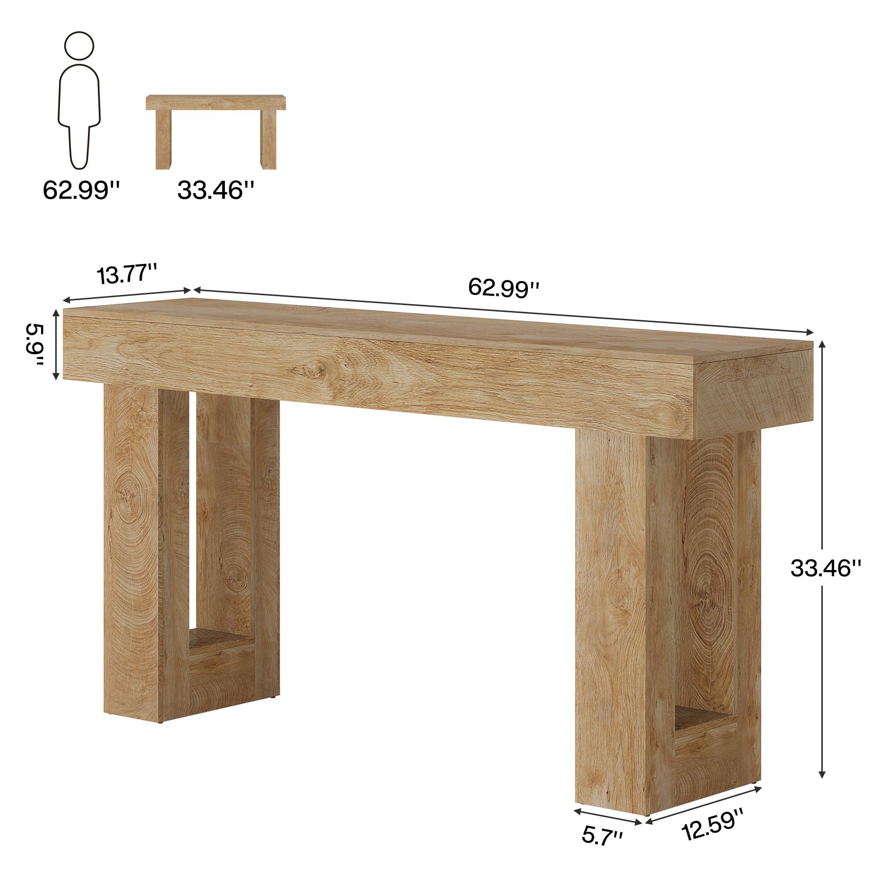 63-Inch Long Console Table, Wooden Rectangular Sofa Table Behind The Couch, Farmhouse Entryway Table for Entrance, Hallway, Living Room (Natural)