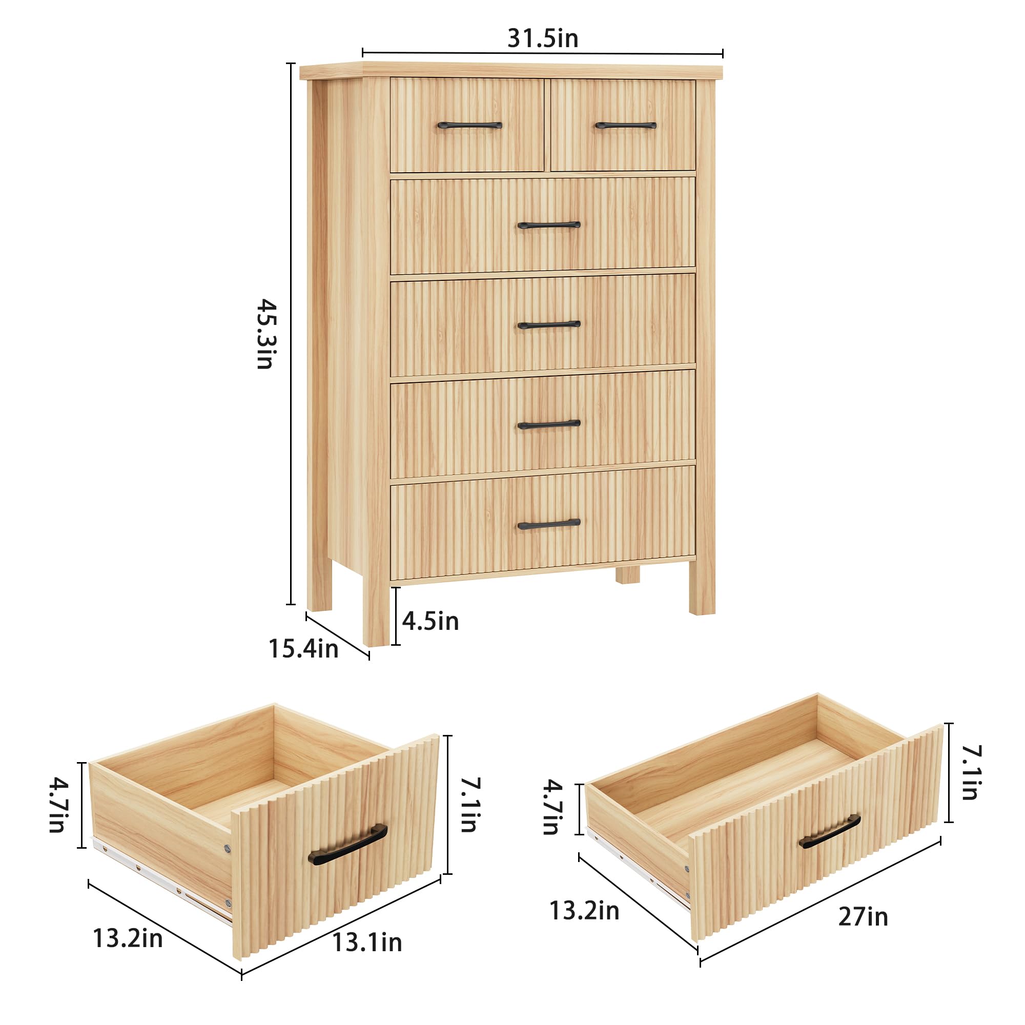Fluted 6 Drawers Dresser for Bedroom, Tall Boho Chest of Drawers with Metal Handle, Wooden Closet Clothes Storage Organizer for Living Room, Hallway (Natural Oak)