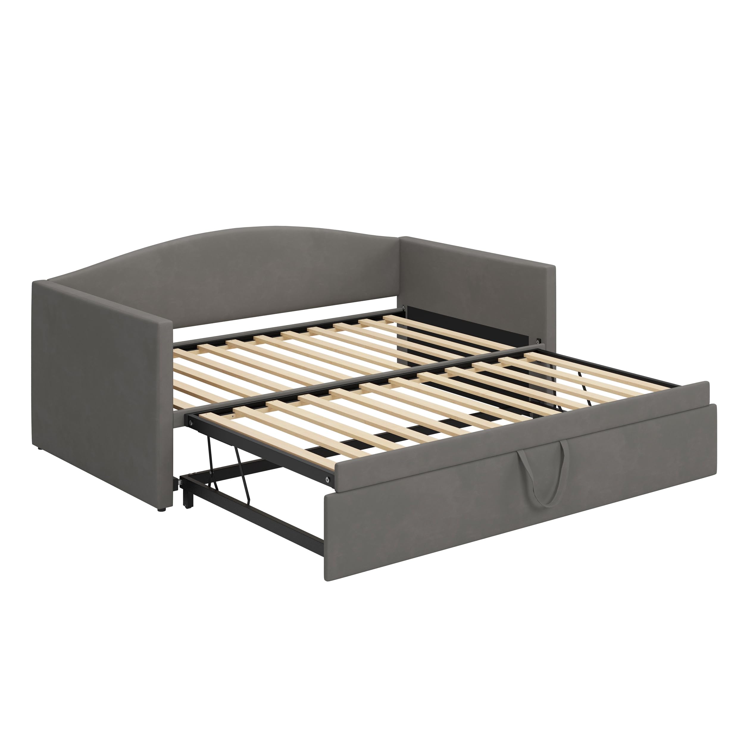 Twin Size Velvet Daybed with Extended Pop Up Trundle, Upholstered Sofa Bed Daybed, Space-Saving Twin to King Design for Guest Room, Gray