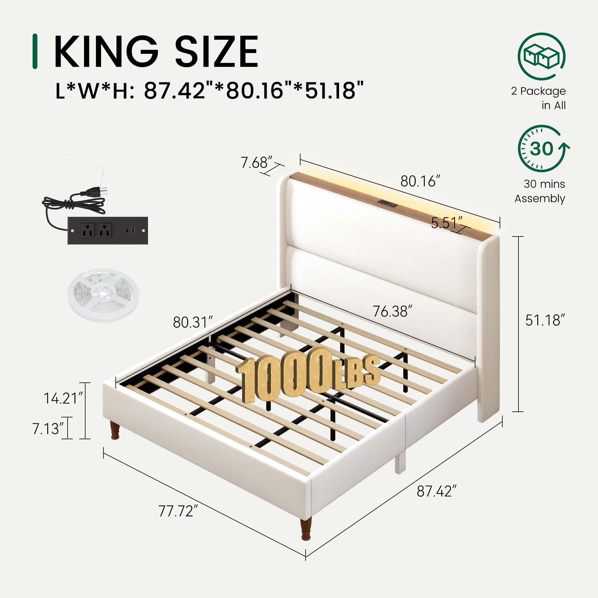 King Size Bed Frame with LED Lights and Charging Station Linen Upholstered  with 51.2" Tall Wingback Headboard and Storage Shelf, , , Beige
