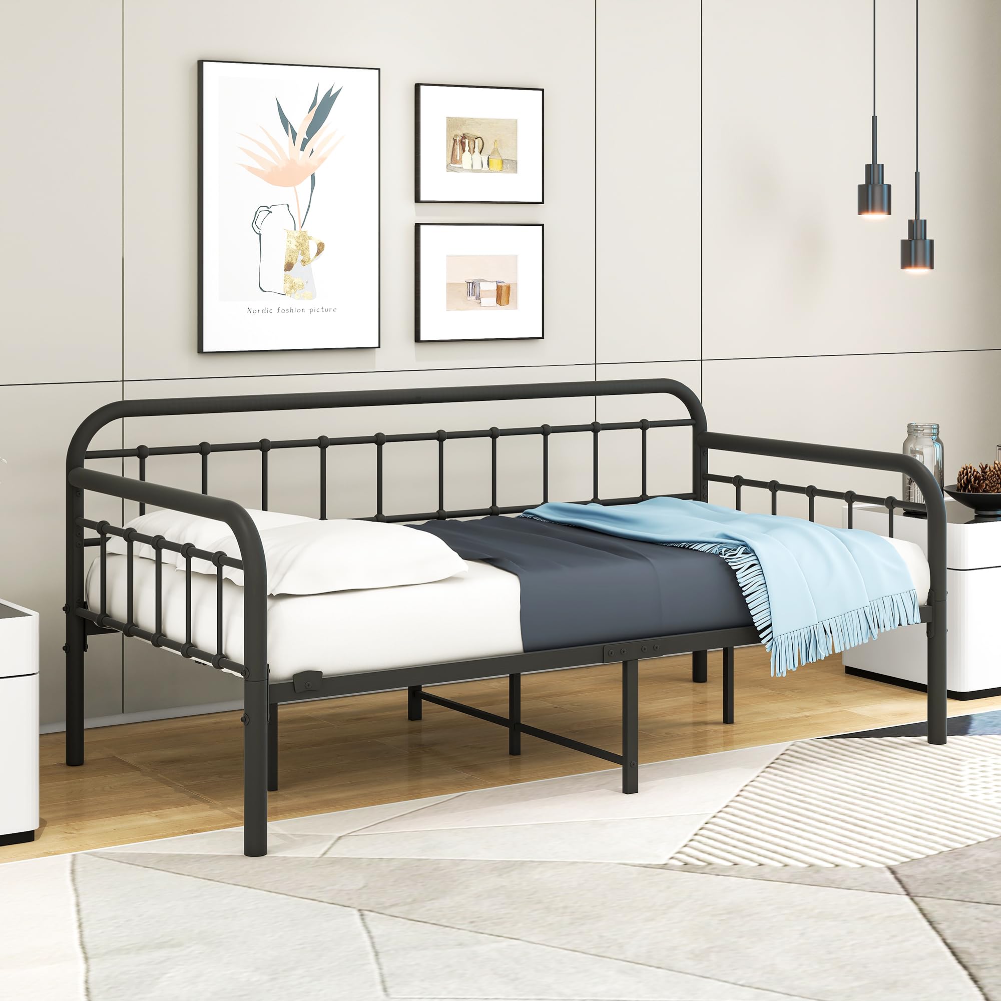 Metal Daybed Frame Heavy Duty Metal Slats Sofa Bed Platform Mattress Foundation Twin Day Bed Black Sanded Color
