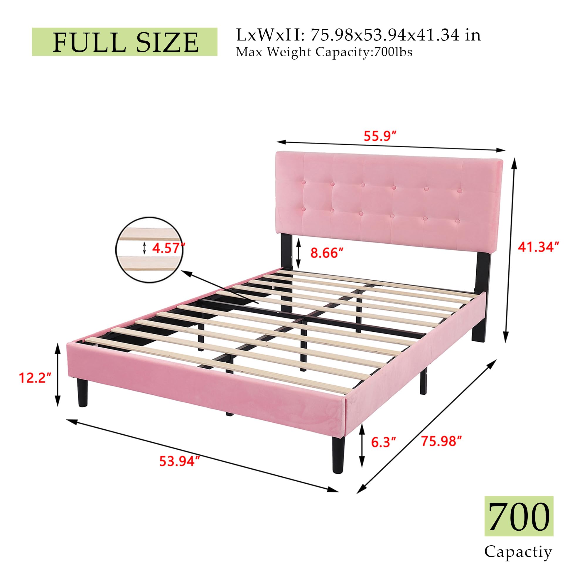 Upholstered Platform Bed Frame Full Size with Button Tufted Velvet Headboard Easy Assembly No Box Spring Needed Pink