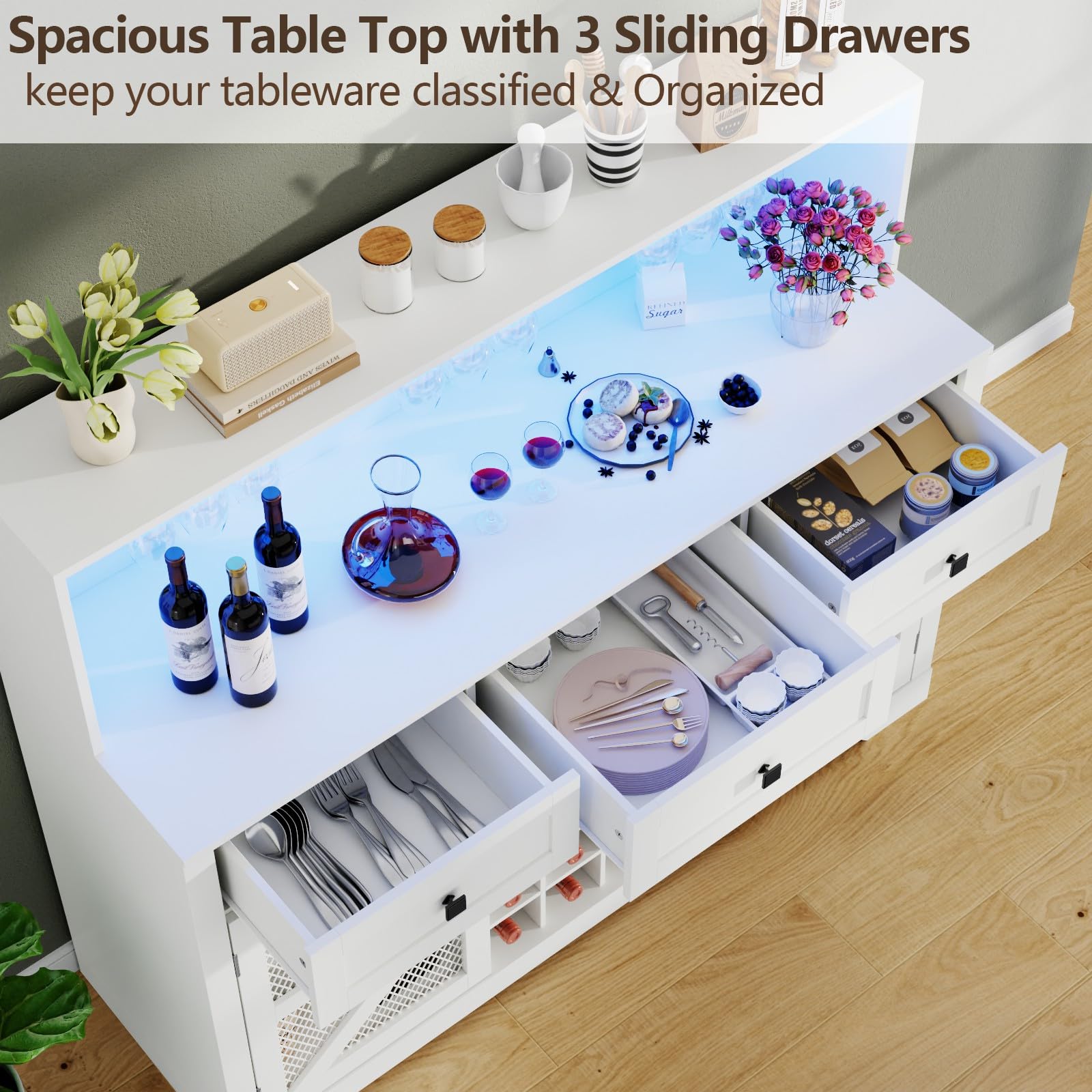 Wine Bar Cabinet with LED Light, Kitchen Buffet with Storage Cabinet & 3 Sliding Drawers, Adjustable Shelf, Goblet Holder, Acrylic Mirror