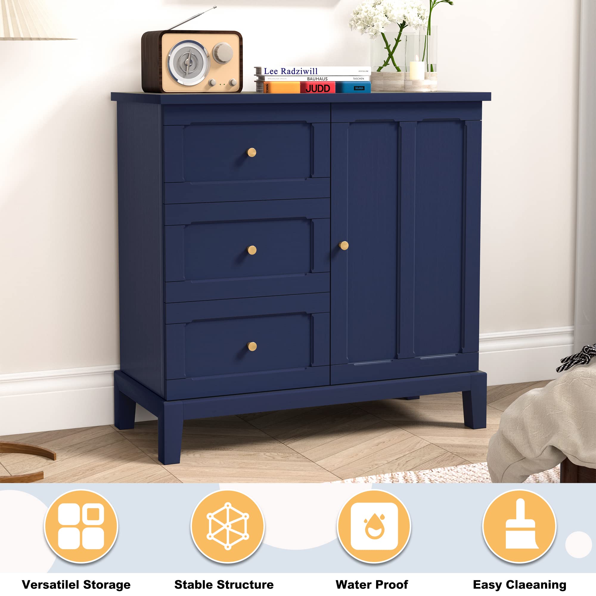 Accent Cabinet with 3 Drawers and Door, Wooden Storage Cabinet with Shelves, Sideboard for Living Room, Entryway, Navy Blue