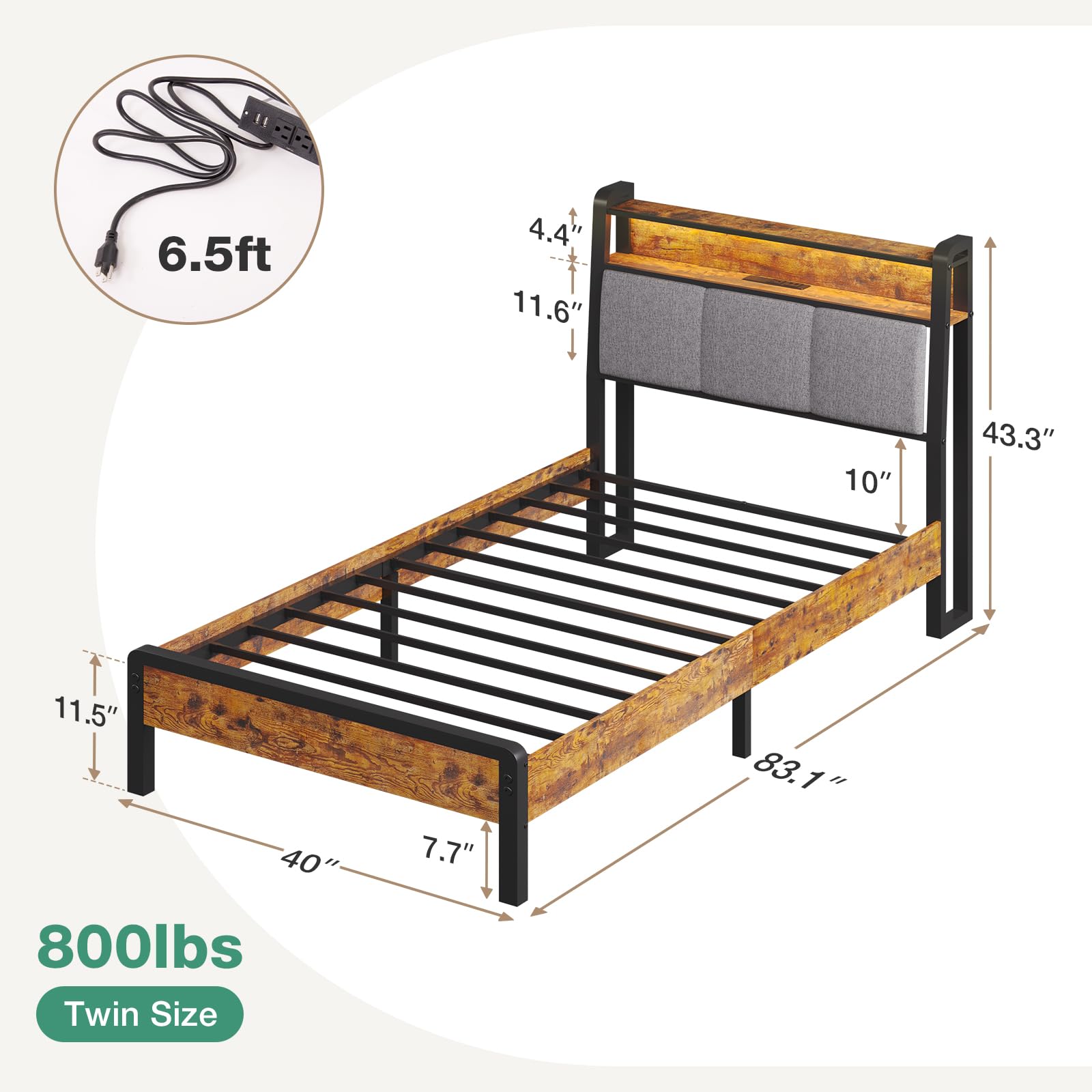 Twin Bed Frame for Kids with LED Lights, Charging Station, Storage Headboard & Sturdy Slats – No Box Spring Needed, Easy Setup