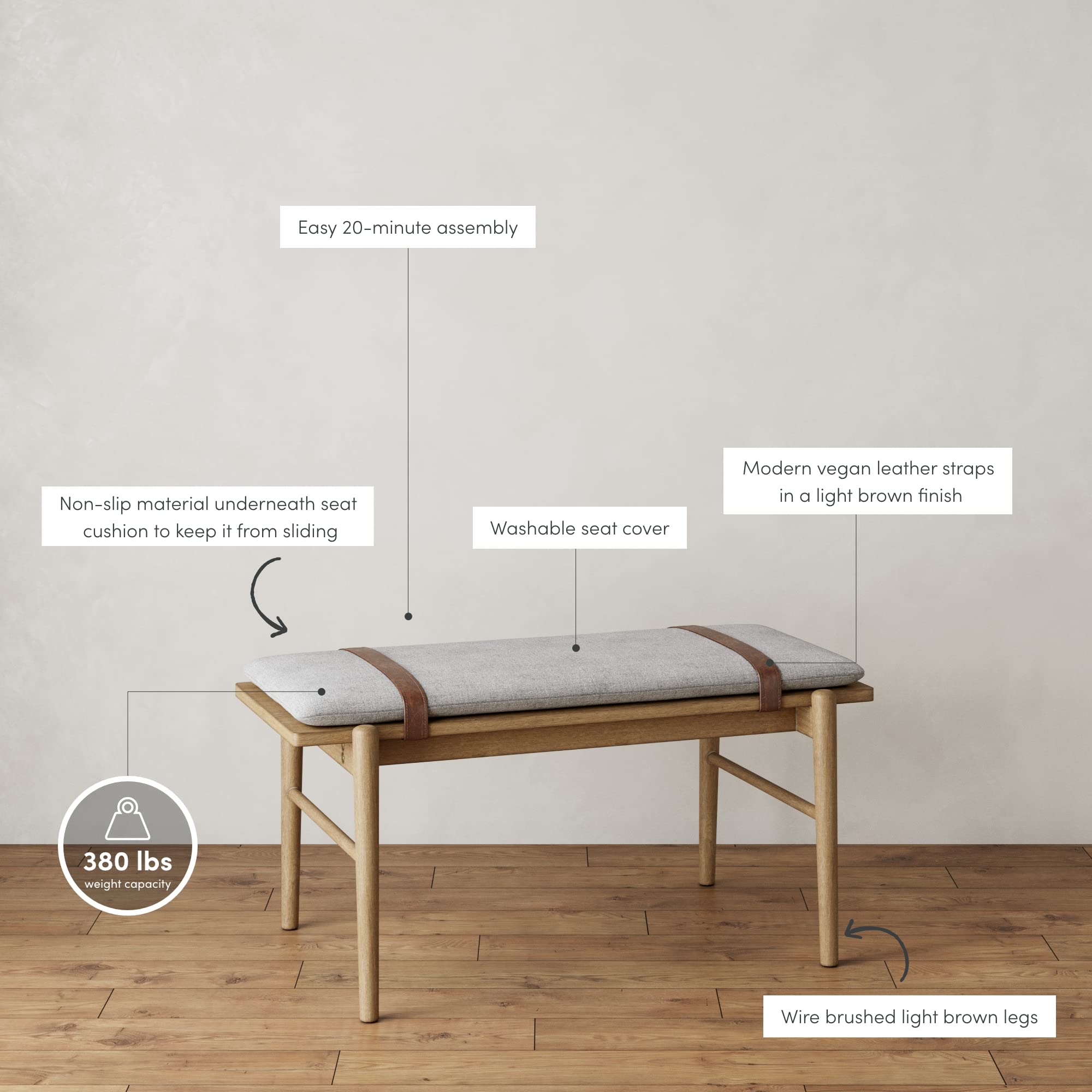 Gugan Mid-Century Wooden Bench Seat, End of Bed Bench with Removable Fabric Cushion for Indoor Dining Room, Bedroom and Entryway, Light Brown/Ivory