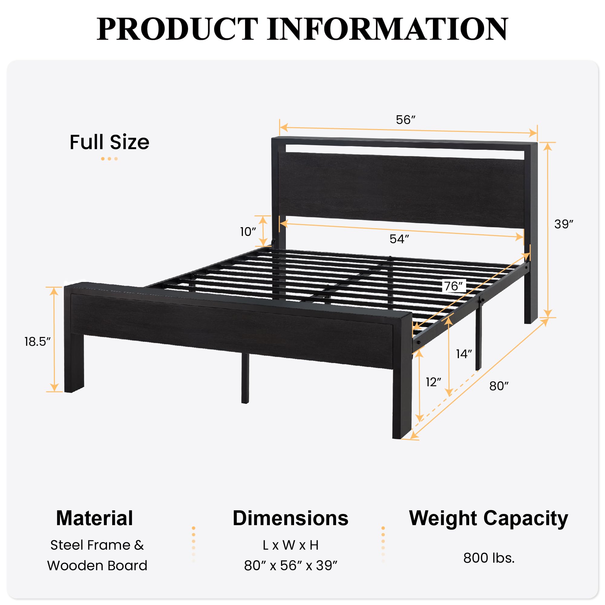 14 Inch Full Size Metal  with Wooden Headboard and Footboard, , , Large Under Bed Storage, Non-Slip Without Noise, Black Oak