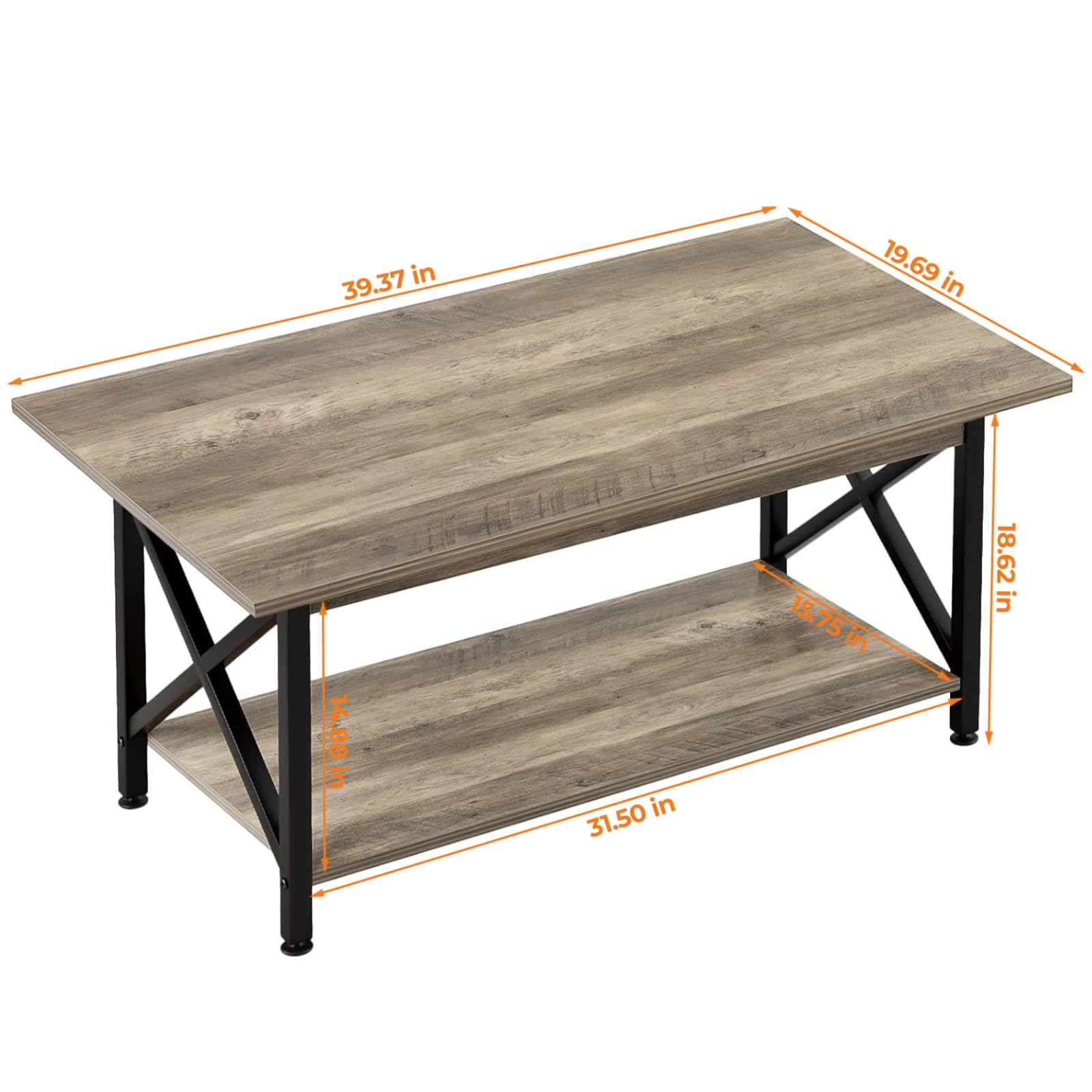 39" Coffee Table with Storage, Modern 2-Tier X-Frame Farmhouse Table for Living Room, Space-Saving, Easy Assembly, Grey Wash
