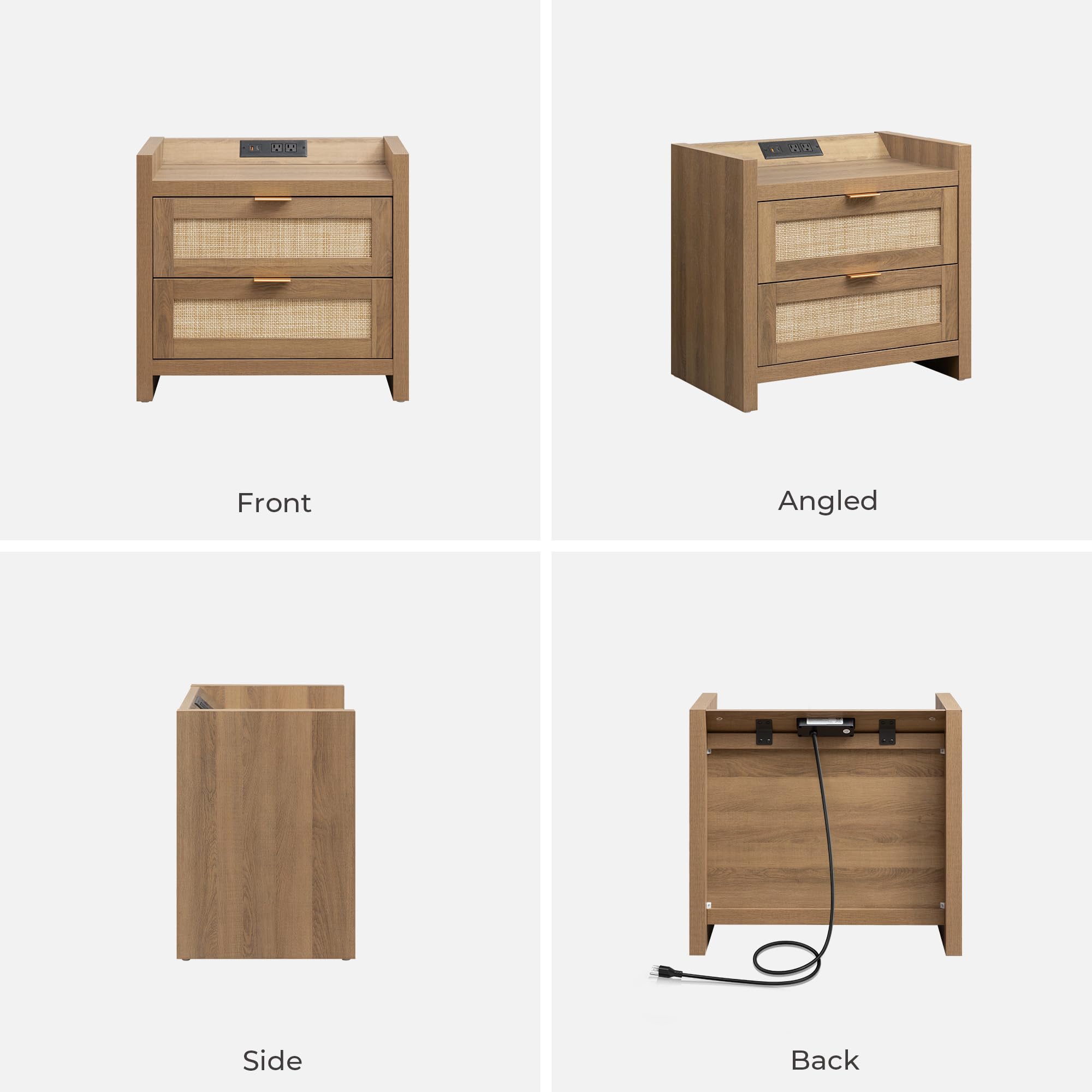 Night Stand Set of 2 - Rattan Nightstands with Type-C Charging Station, 2 Rattan Drawers - Boho Bed Side Tables End Table for Small Space - Natural Oak