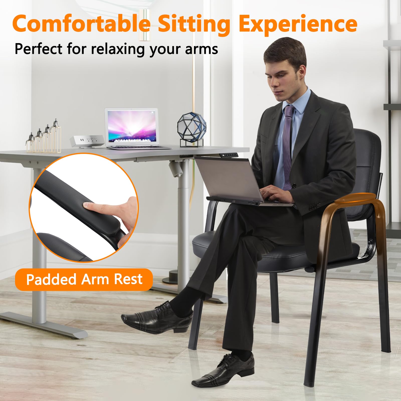 Waiting Room Guest Chair with Bonded Leather Padded Arm Rest for Office Reception and Conference Desk Black 4 Pack