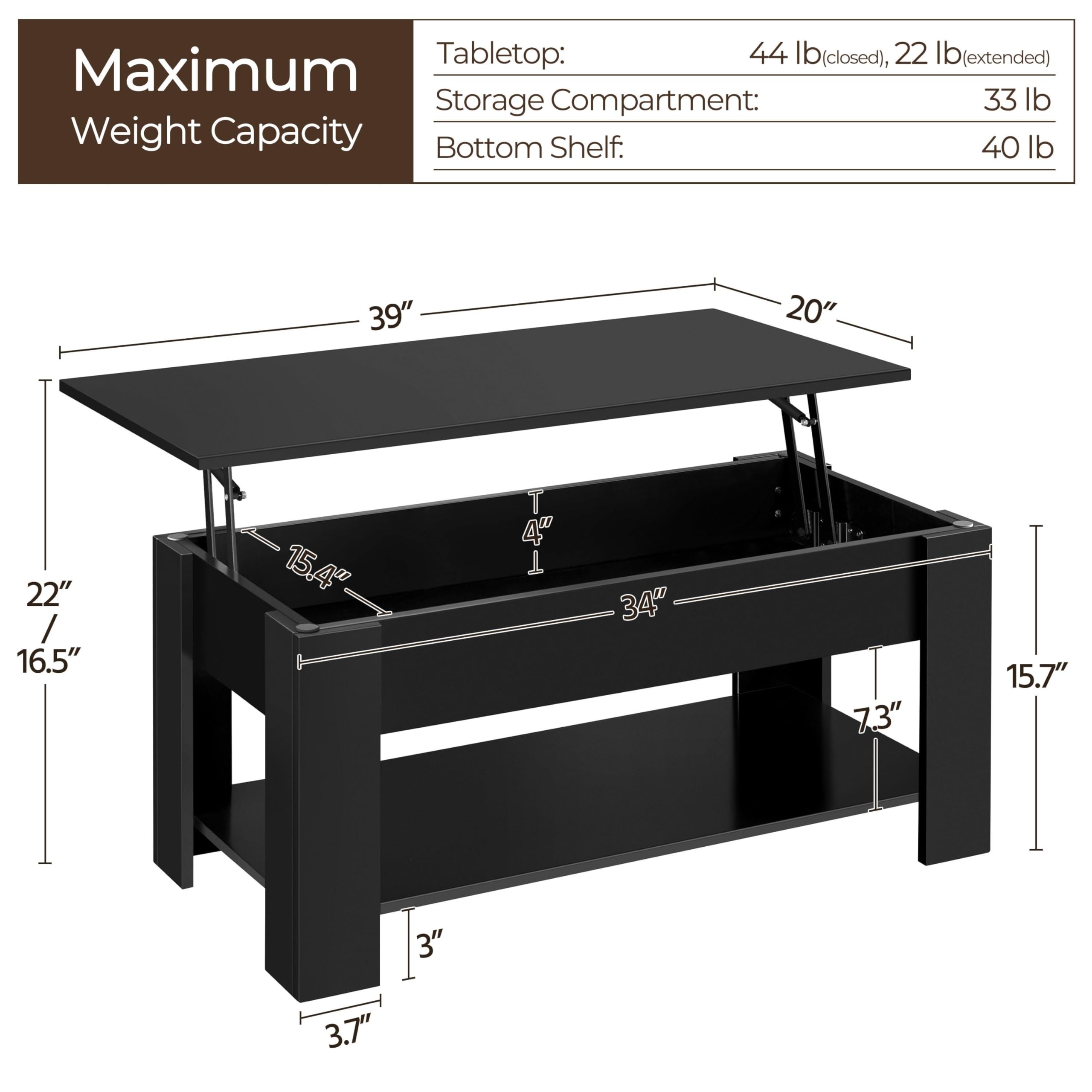 Wooden Coffee Table, Lift Top Coffee Table with Large Hidden Storage Shelf, Lift Tabletop Dining Tables for Living Room, Home Small Space, 3