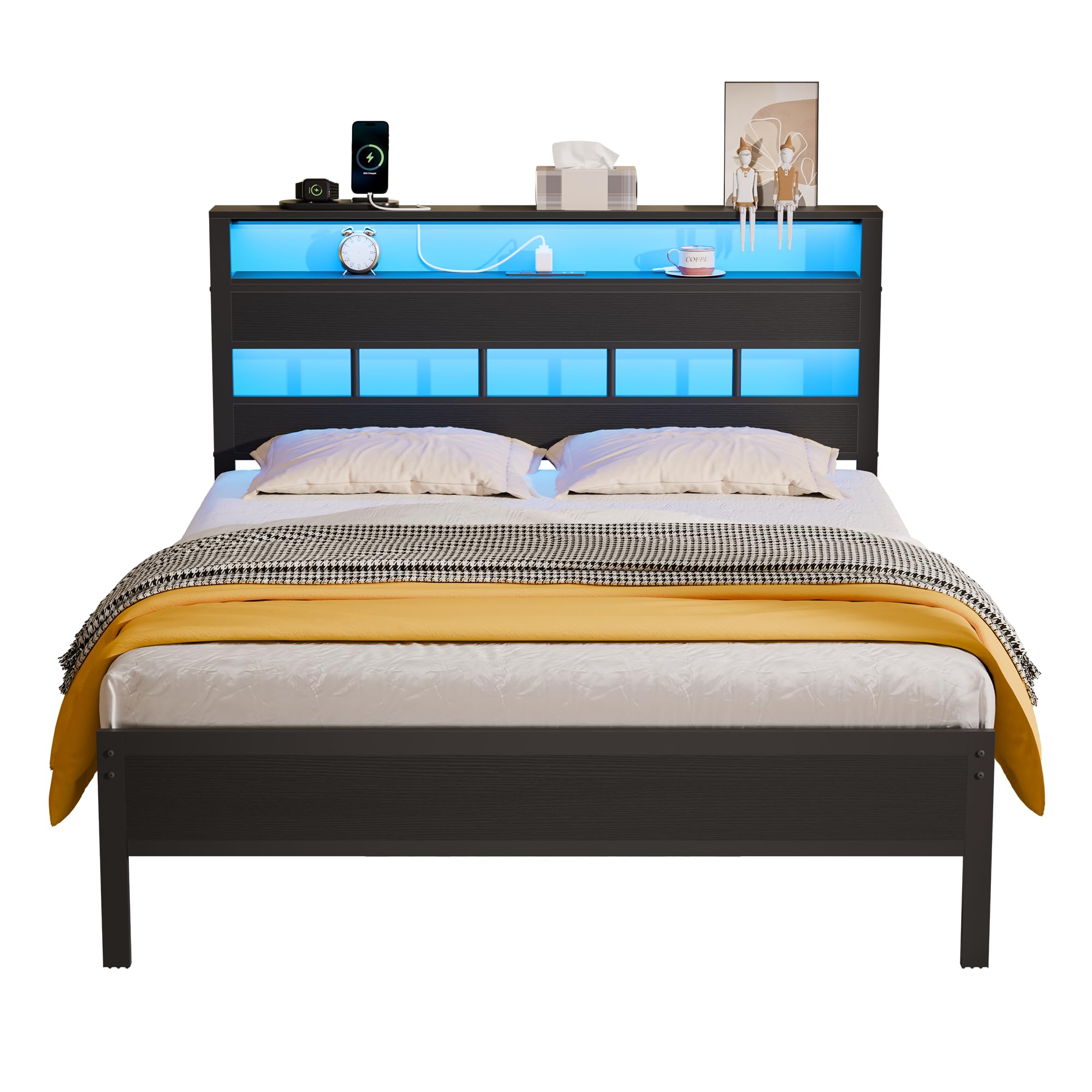 Full Size Bed Frame with LED Light and Charging Station, Wood Storage Headboard with 2-Tier Shelves, Metal Platform Bed with Heavy Duty Slat