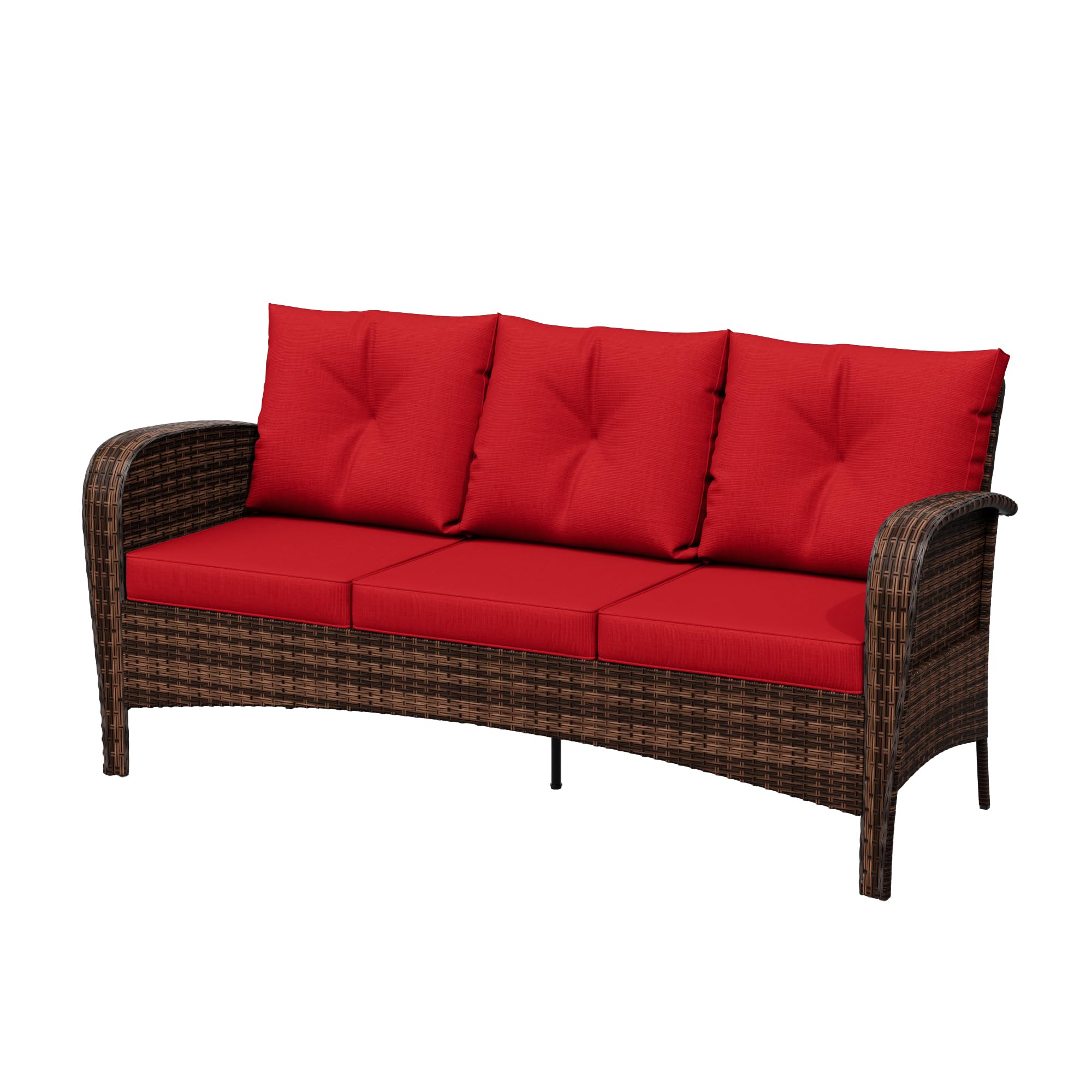 73" Patio 3-Seat Sofa, Wicker Rattan Couch with Steel Frame & Removable Cushions, Outdoor Loveseat for Garden, Porch, Apartment, Red