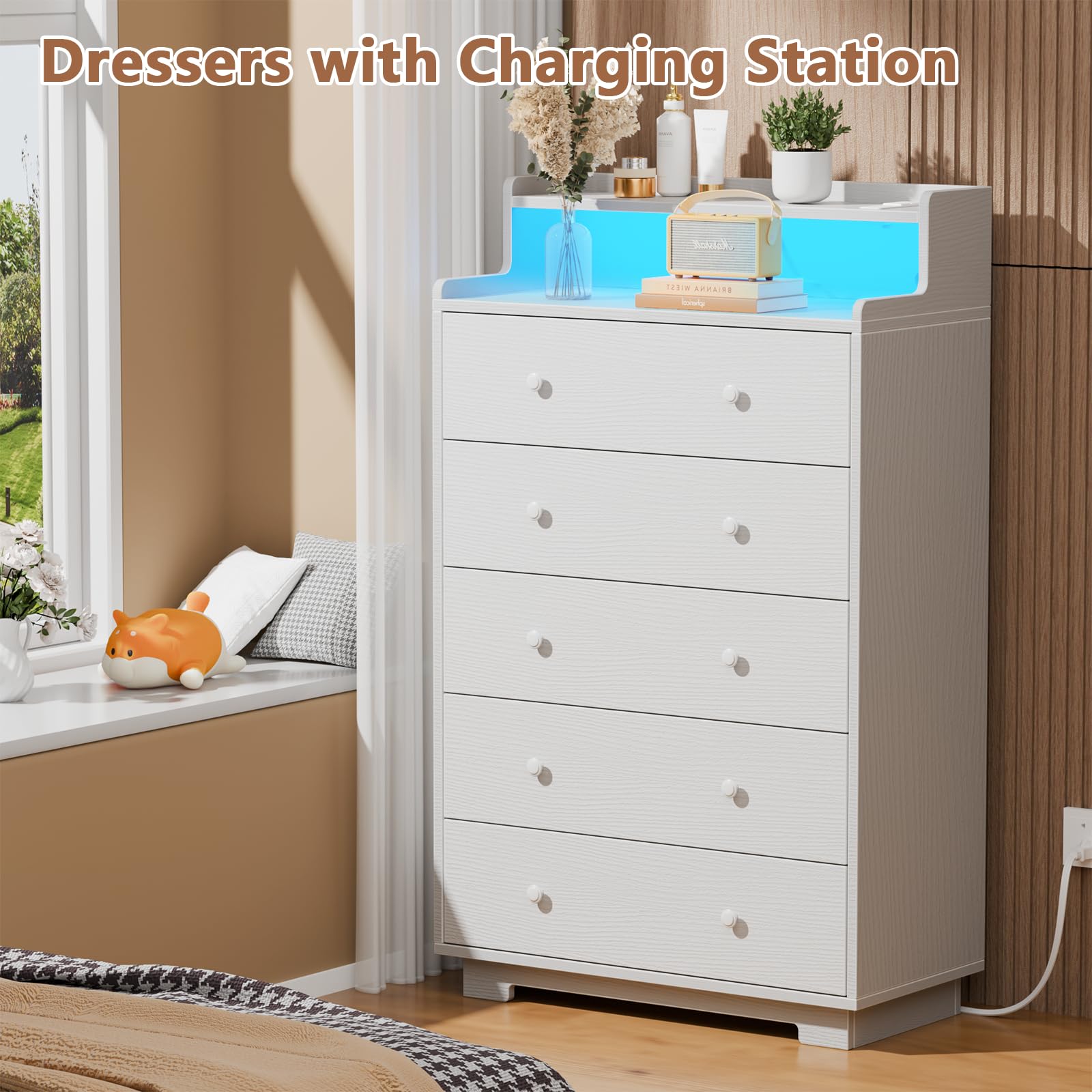 Tall 5-Drawer Dresser for Bedroom, Chest with Charging Station & LED Light, Deep Wood Drawers for Clothes, Closet, Entryway, White