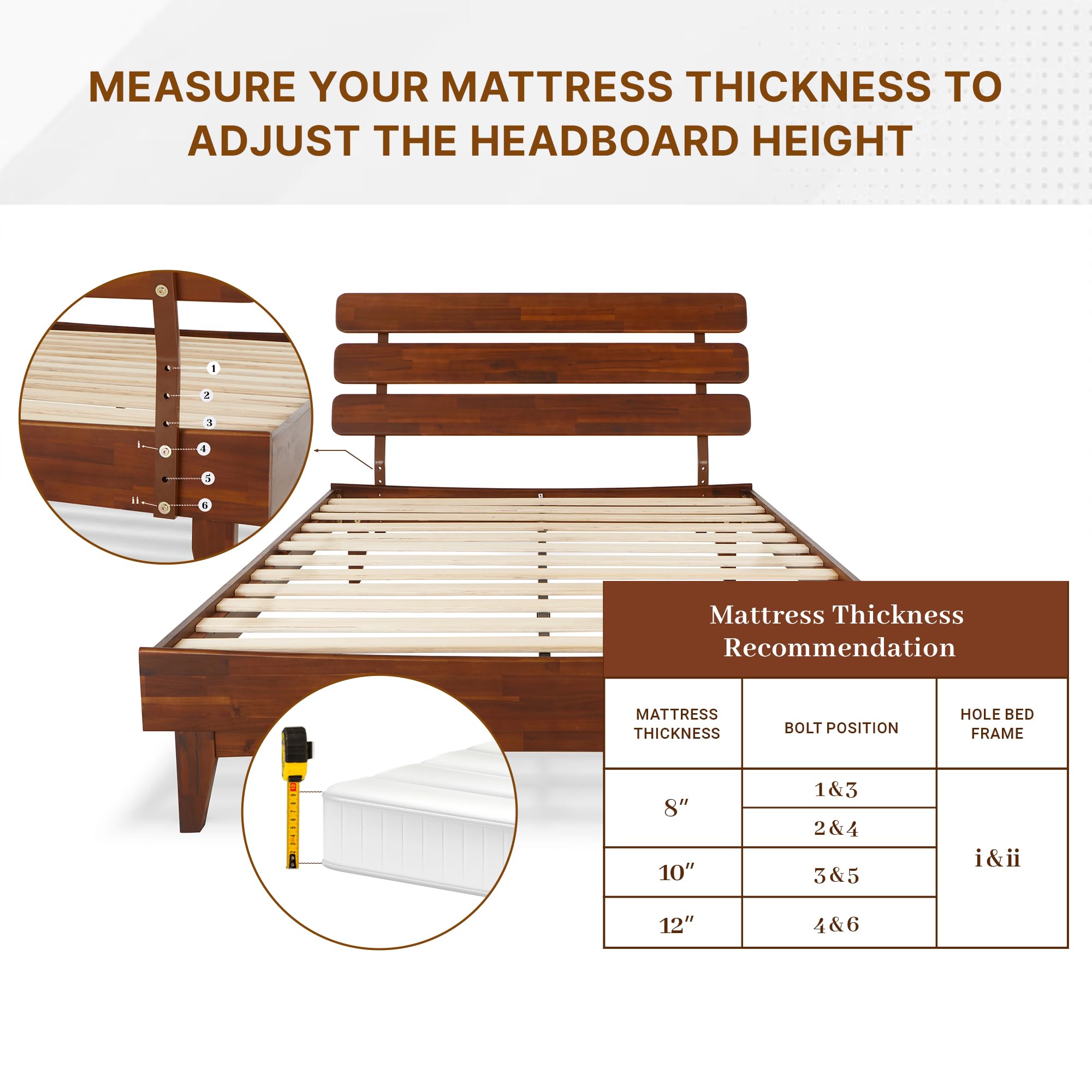 Caden 15 Inch Deluxe Bed Frame with Adjustable Headboard - Mid Century, Retro Style with Acacia Wood -  - 12 Strong Wood Slat Support -