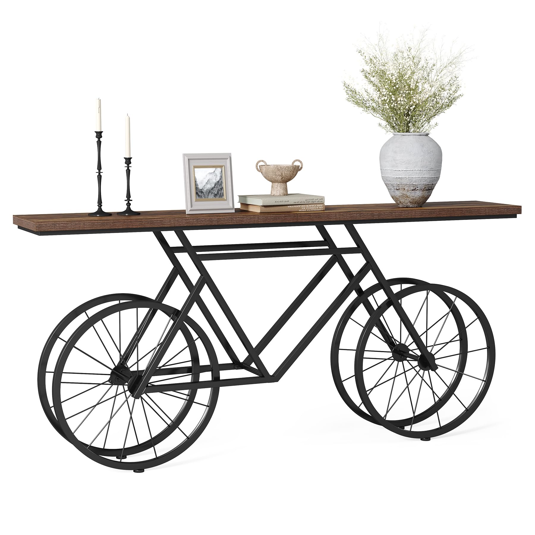 Narrow Sofa Table, 70.9-Inch Extra Long Console Table for Living Room, Entryway, with Unique Bicycle Metal Base. Rustic Brown