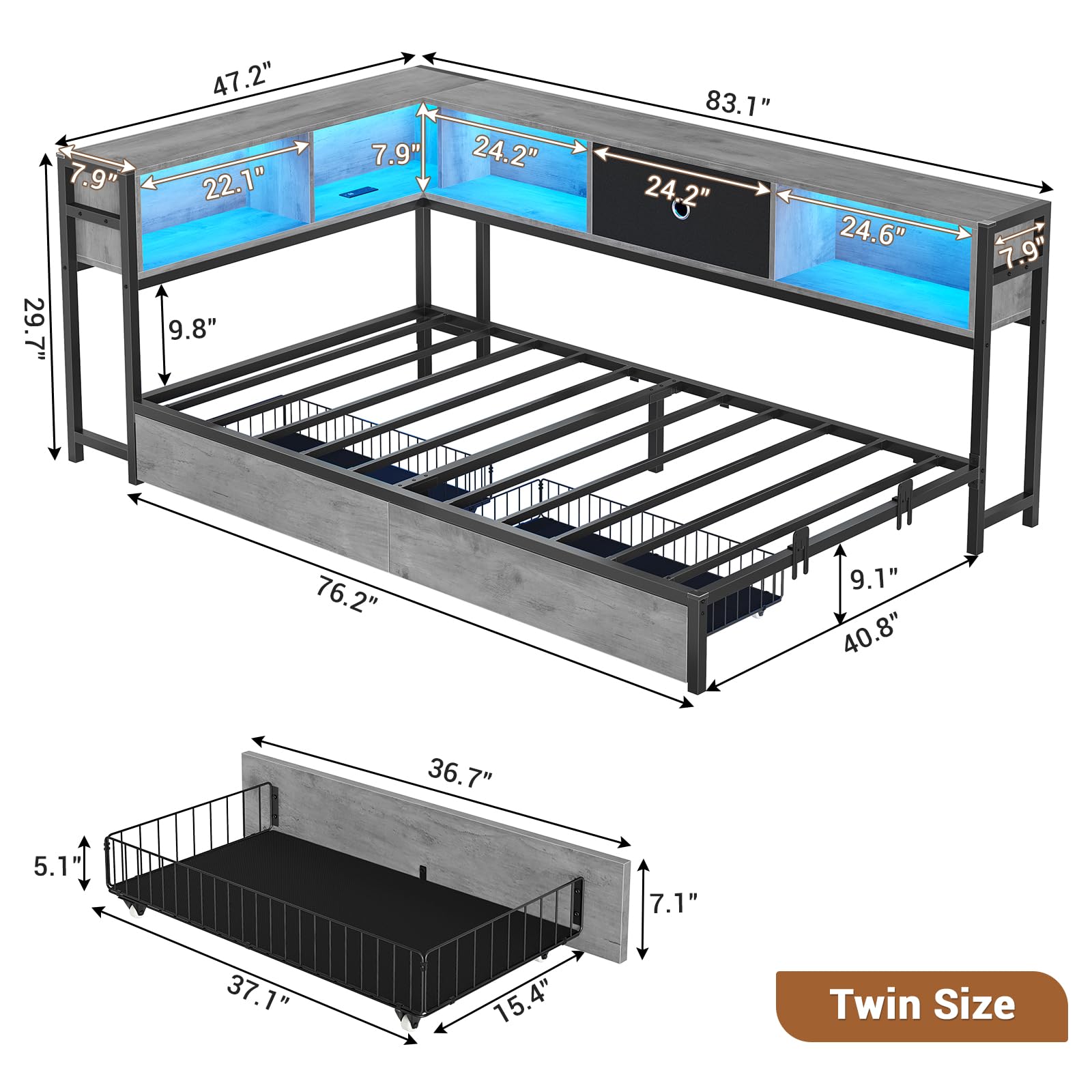 Corner Twin Bed Frame with Storage Bookcase, LED Light & Charging Station – Modern Daybed with Drawers for Kids, Black & Gray