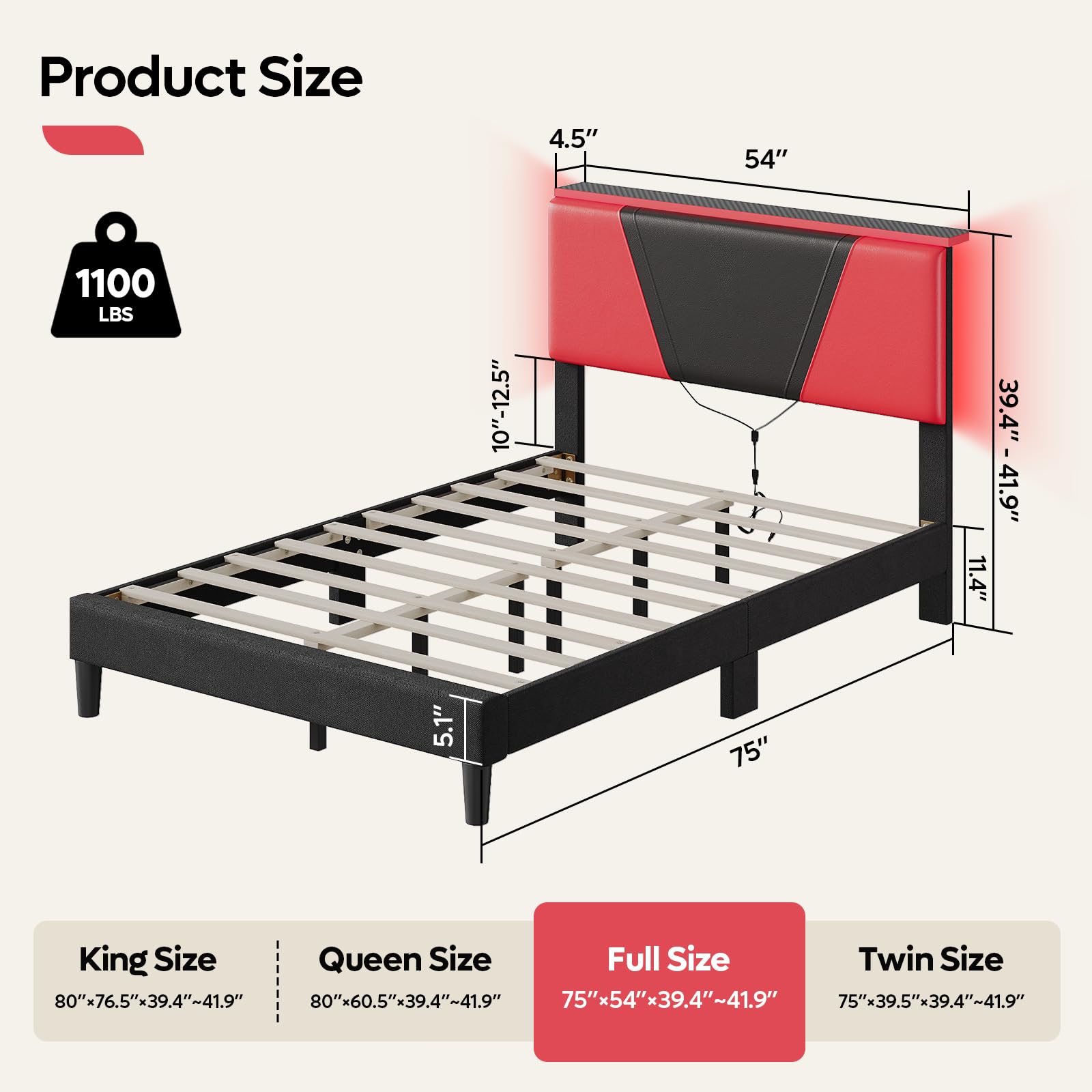 Full Size LED Bed Frame with Adjustable Headboard, Faux Leather Gaming Bed with Storage Shelf, Noise-Free Slats, Black-Red