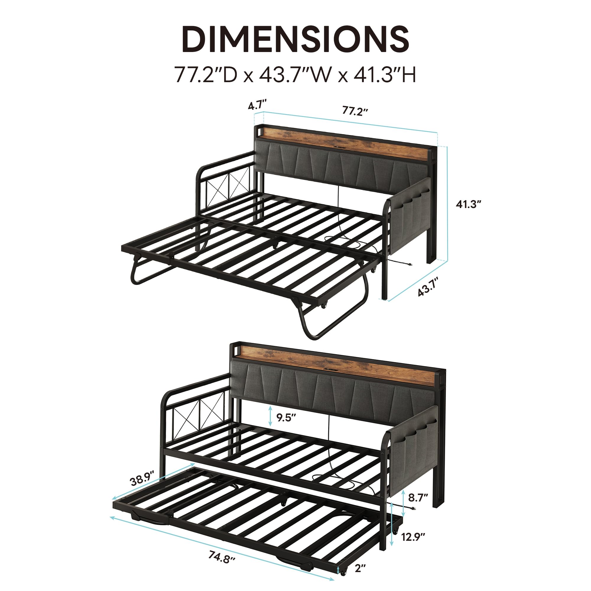 Twin Daybed with Trundle, Bed Frame with Storage Headboard & Charging Station, Sofa Bed for Bedroom, Guest Room, Grey