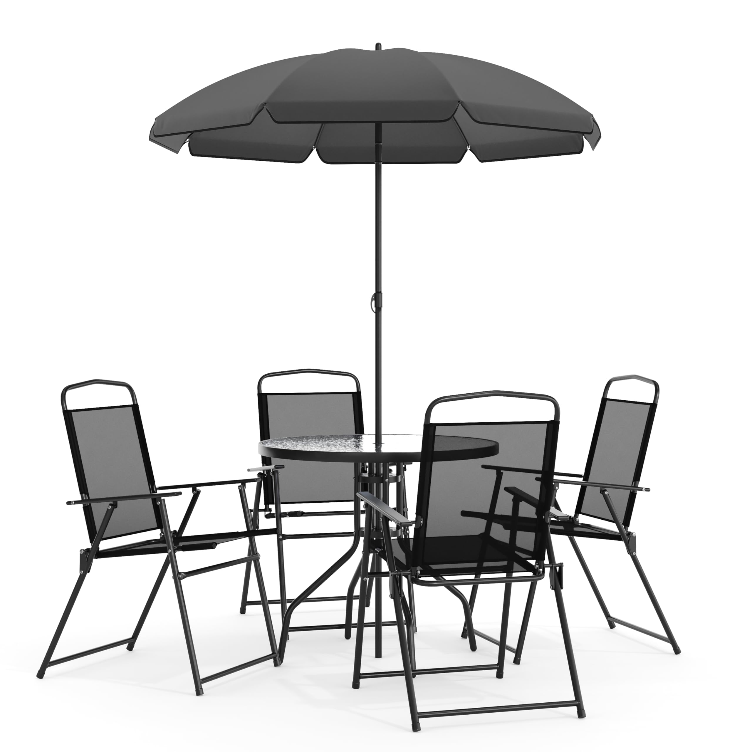 Nantucket 6-Piece Patio Dining Set with Glass Table, 4 Folding Chairs, and Umbrella, Outdoor Patio Set, Black