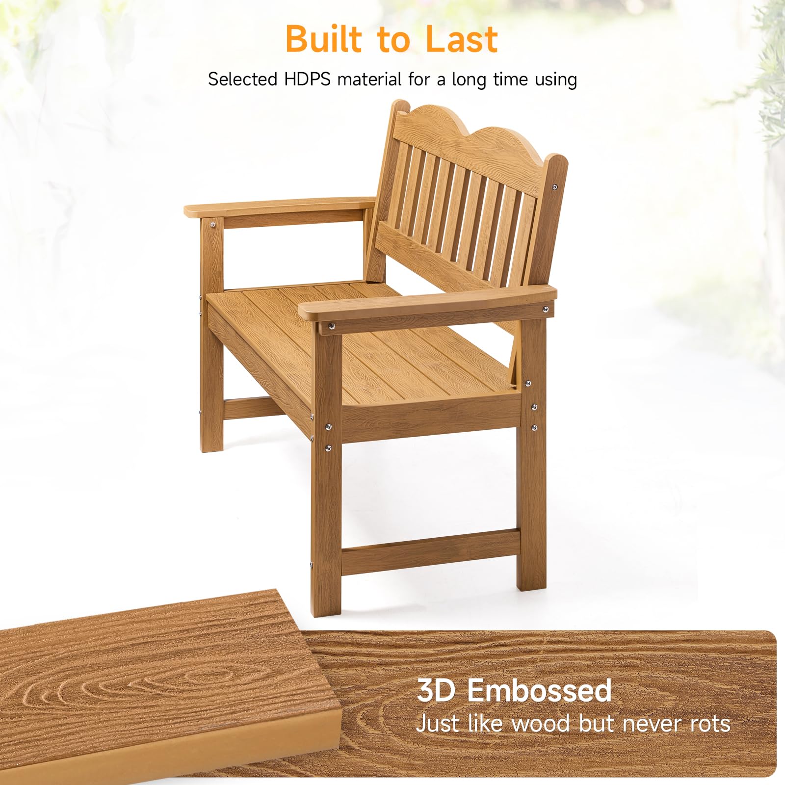 Outdoor Garden Bench, 2-Person Poly Lumber Patio Bench with Armrests, 800 lbs Capacity, All-Weather for Porch, Backyard, Park, Teak