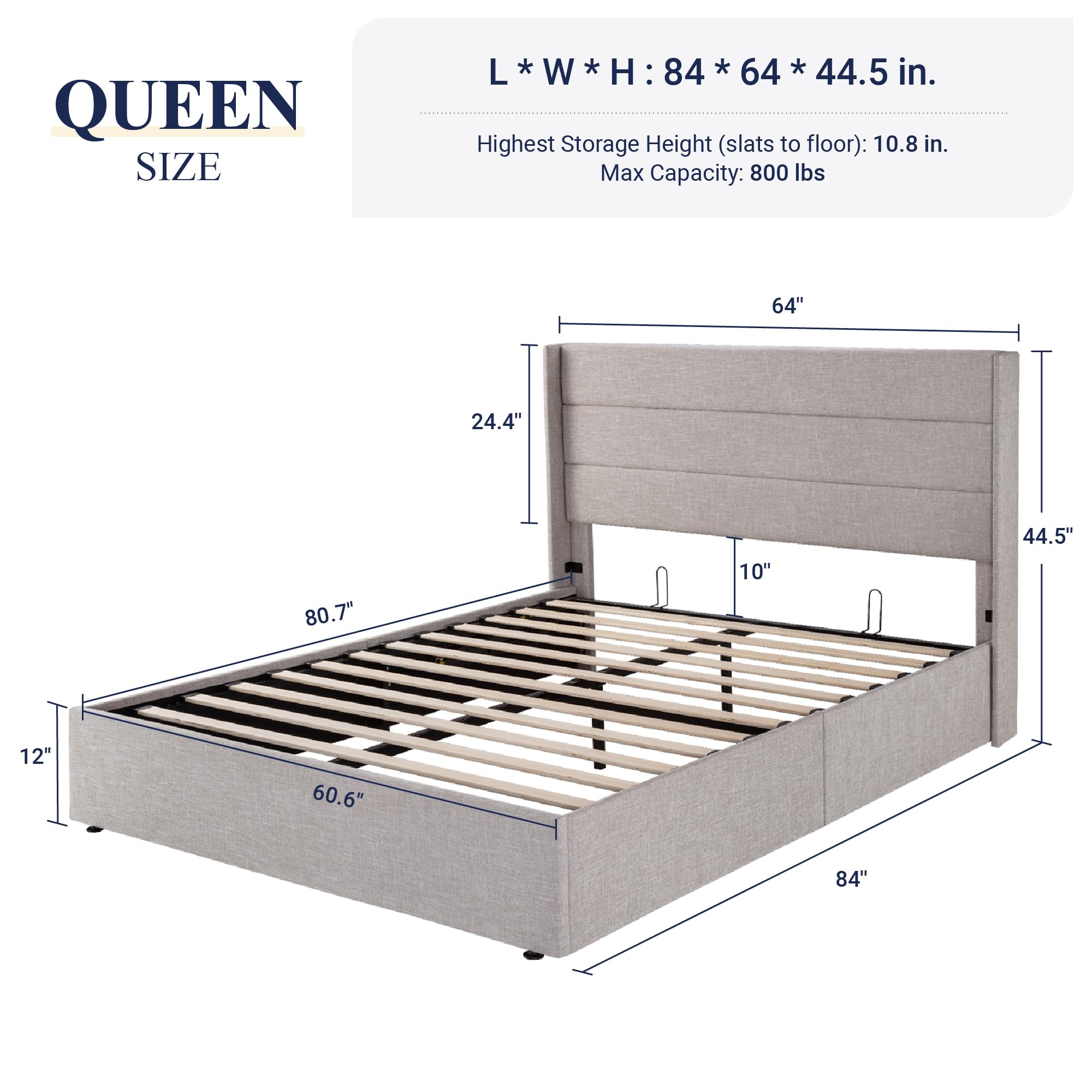 Queen Size Lift Up Storage Bed, Modern Wingback Headboard, Hydraulic Support, No Box Spring Needed, Light Beige