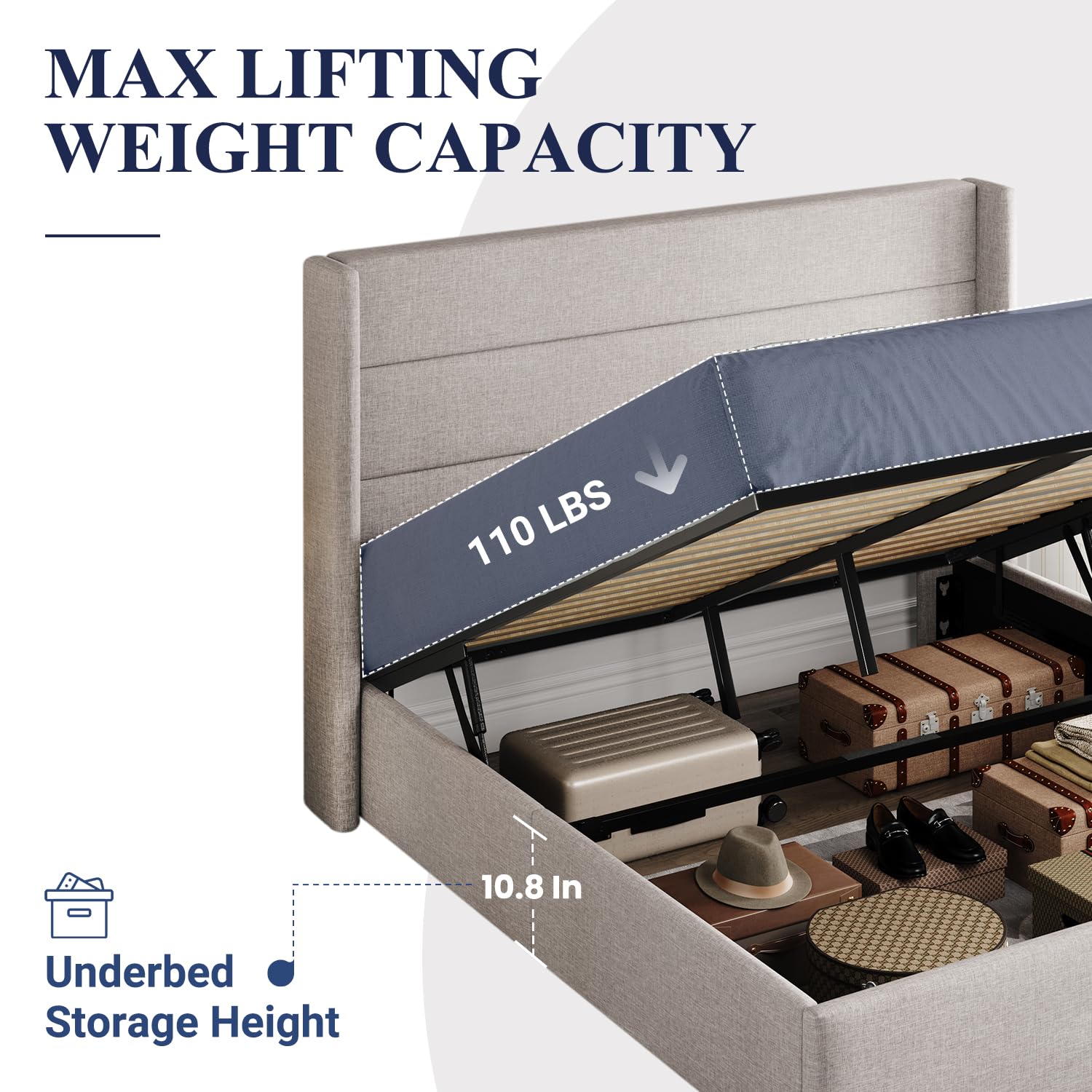 Queen Size Lift Up Storage Bed, Modern Wingback Headboard, Hydraulic Support, No Box Spring Needed, Light Beige