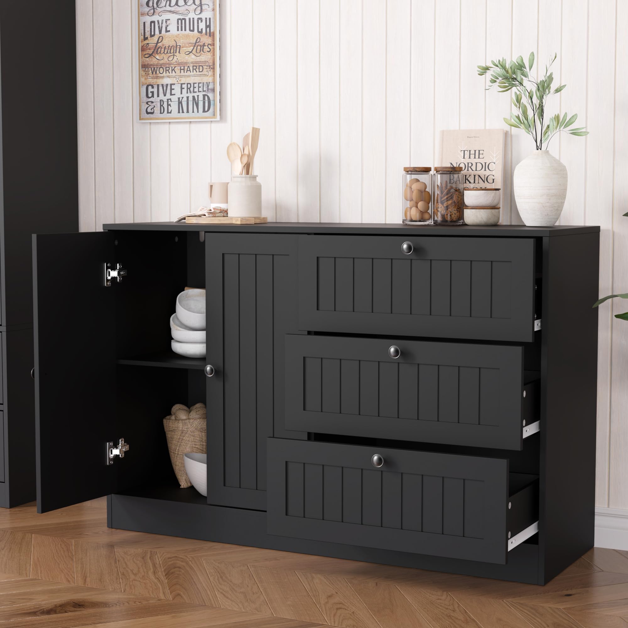 Sideboard Buffet Cabinet with Storage, 47" Large Farmhouse Kitchen Cabinet with 3 Drawers and Doors, Modern Accent Coffee Bar Wood Table