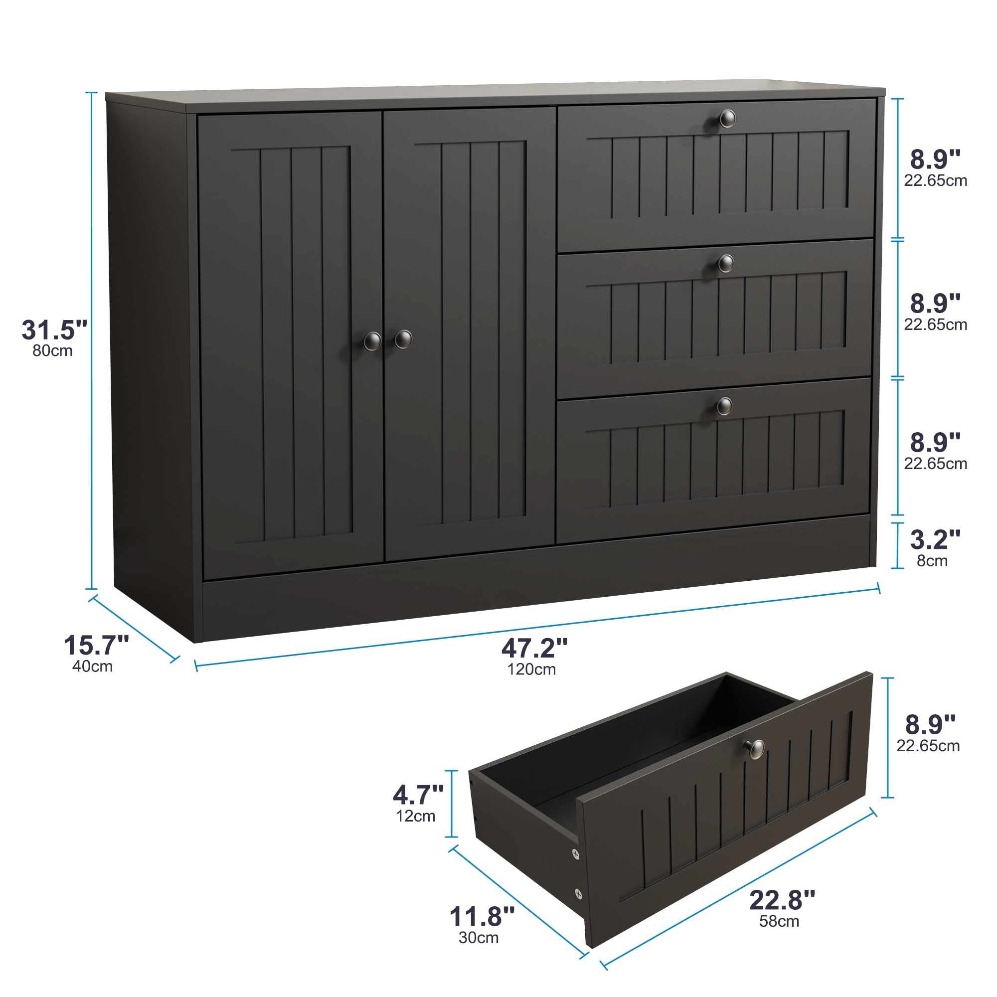 Sideboard Buffet Cabinet with Storage, 47" Large Farmhouse Kitchen Cabinet with 3 Drawers and Doors, Modern Accent Coffee Bar Wood Table