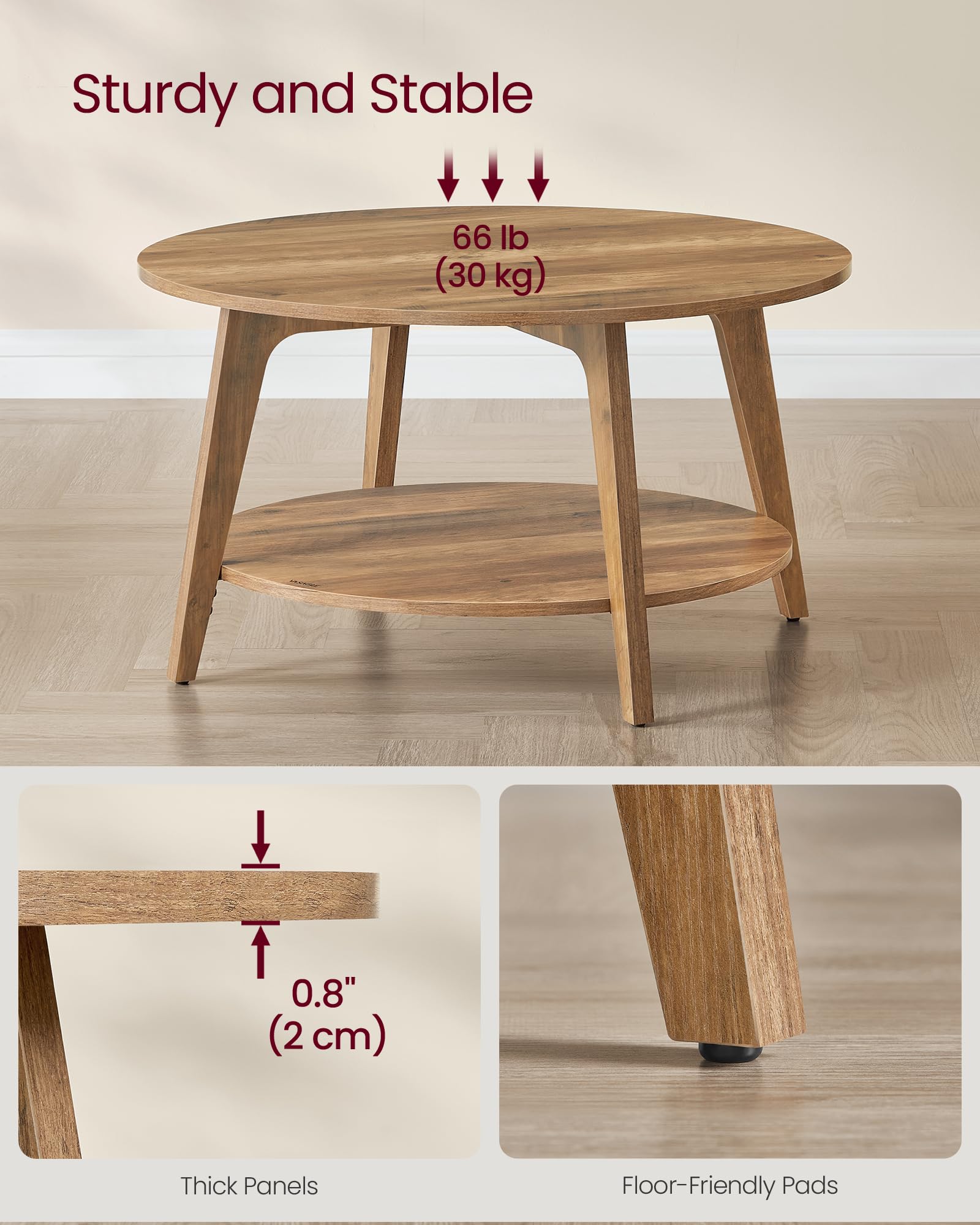 Round Coffee Table, 2 Tier Coffee Table with Storage, for Living Room, 31.5 x 17.7 Inches, Easy to Assemble, Honey Brown ULCT243K41