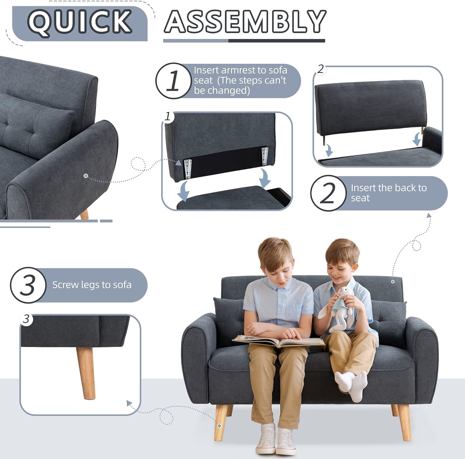 47" Modern Linen Loveseat Sofa with 2 Pillows, Dark Grey, Compact & Comfortable for Apartments, Studios & Small Spaces