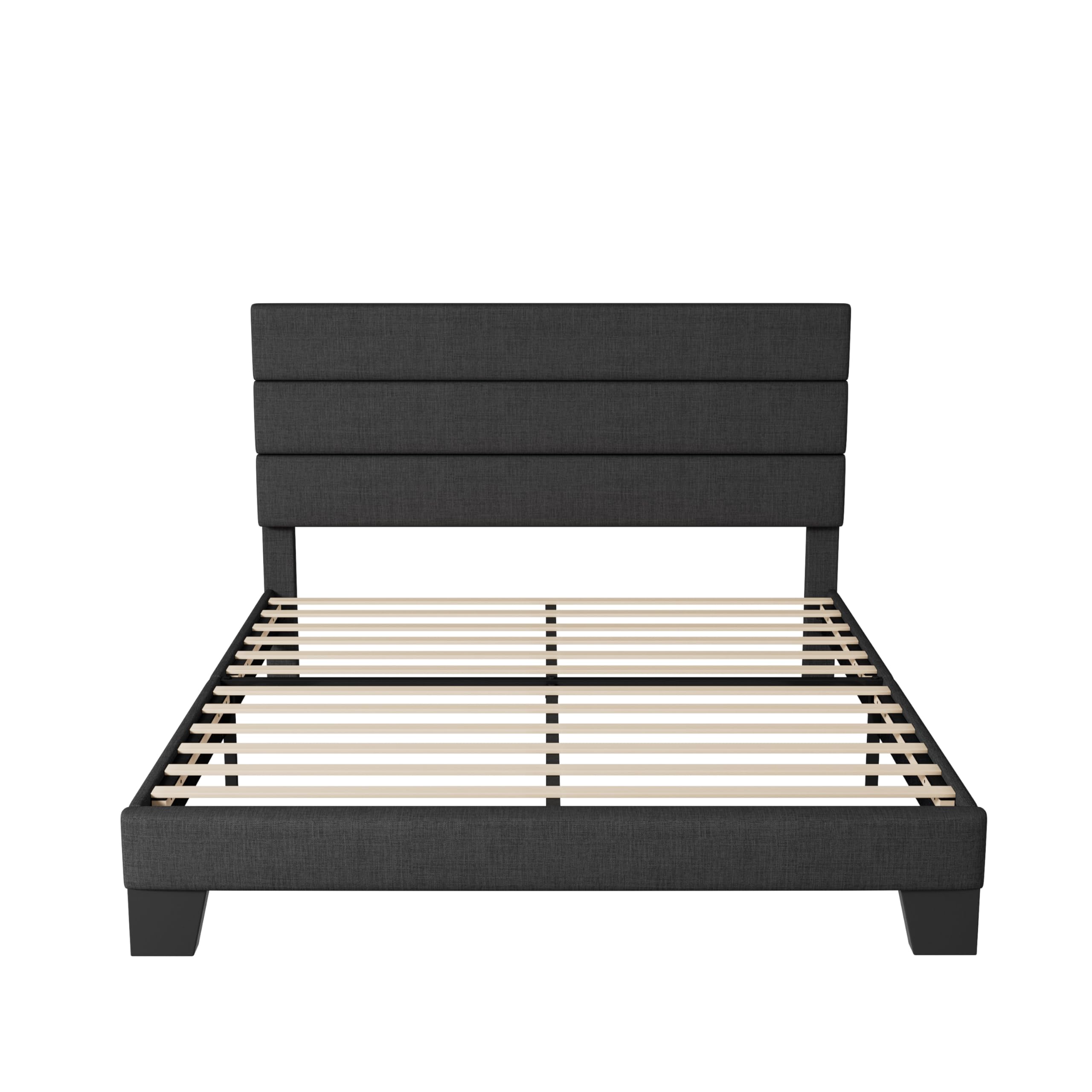 Queen Size Platform Bed Frame with Fabric Upholstered Headboard and Wooden Slats Support, Fully Upholstered Mattress Foundation//, Dark Grey