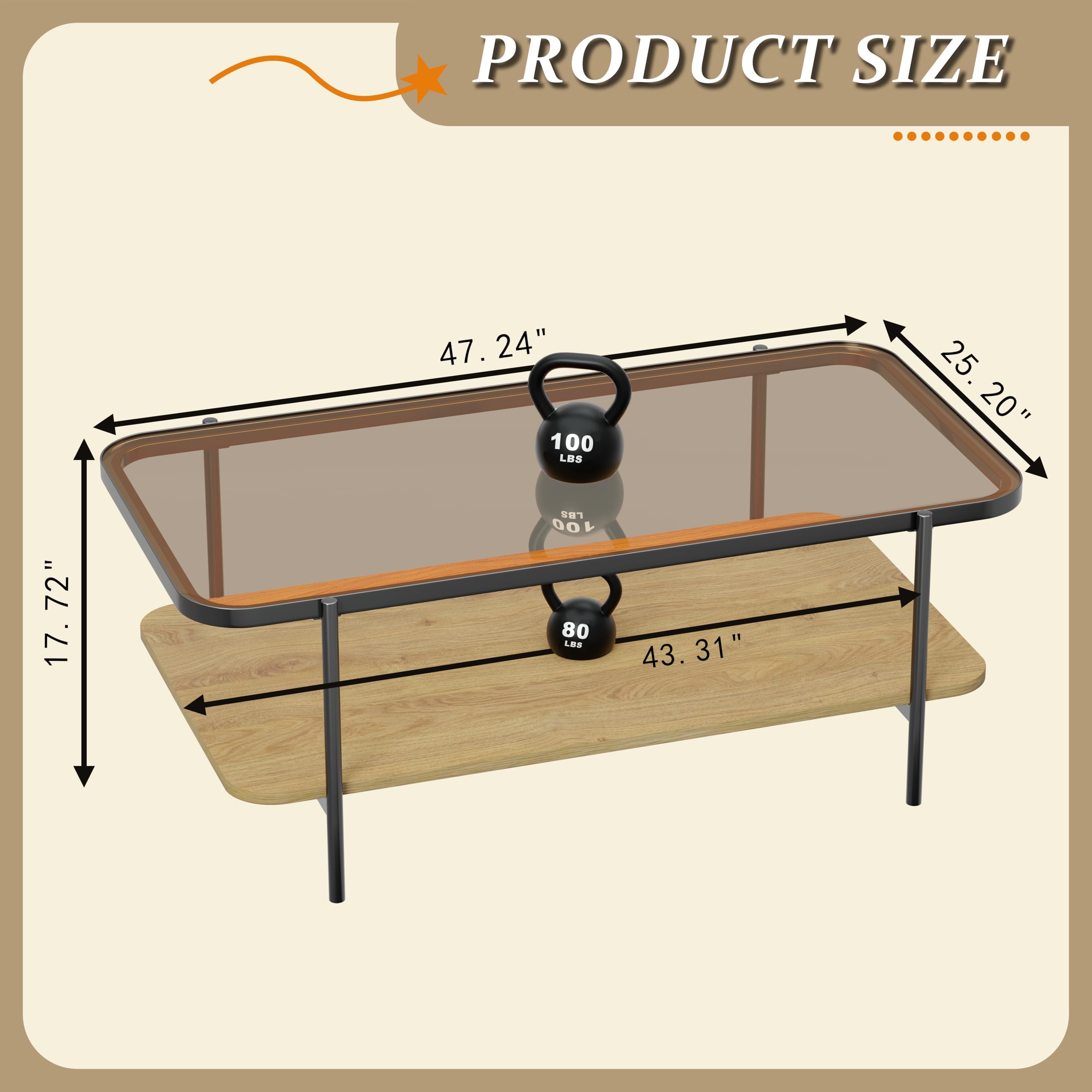 Modern Brown Glass Coffee Table, 2-Tier Rectangular Center Table with Metal Legs & Wood Storage, Rounded Corners for Living Room or Office