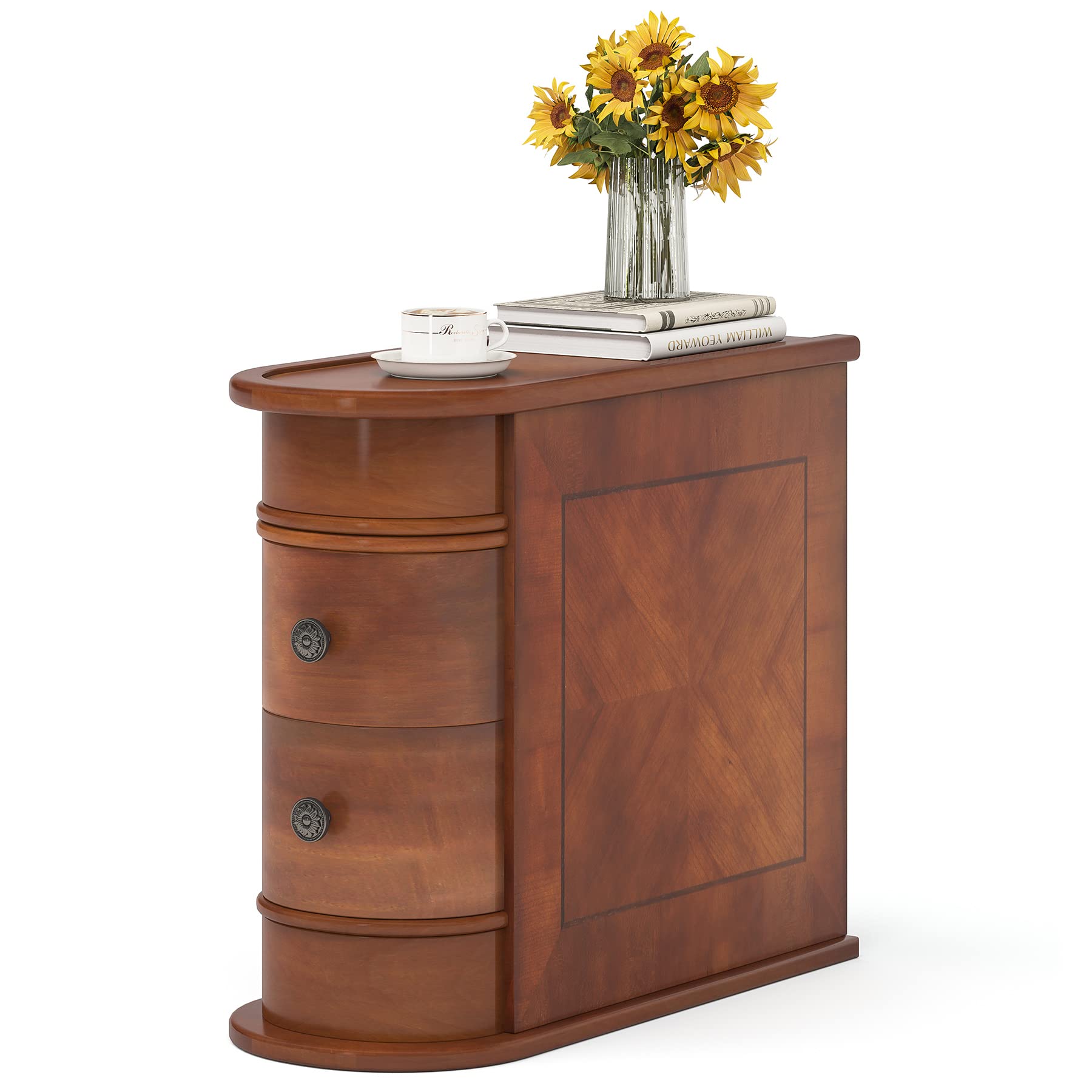 Wood End Table with 2 Drawers Sofa Side Table, No Assembly Required Vintage Slim Nightstand Bedside Table for Bedroom