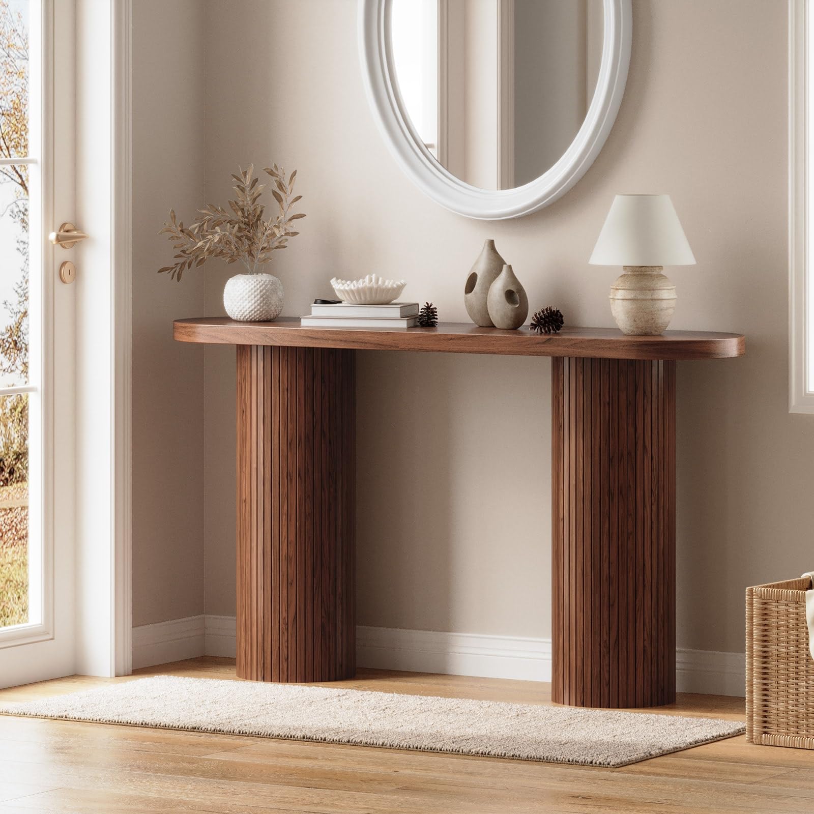 55 Inch Fluted Entryway Table, Wood Console Table, Couch Tables Behind Sofa, Farmhouse Style, Modern Sofa Stand for Entrance Hallway Living Room Foyer (Walnut)