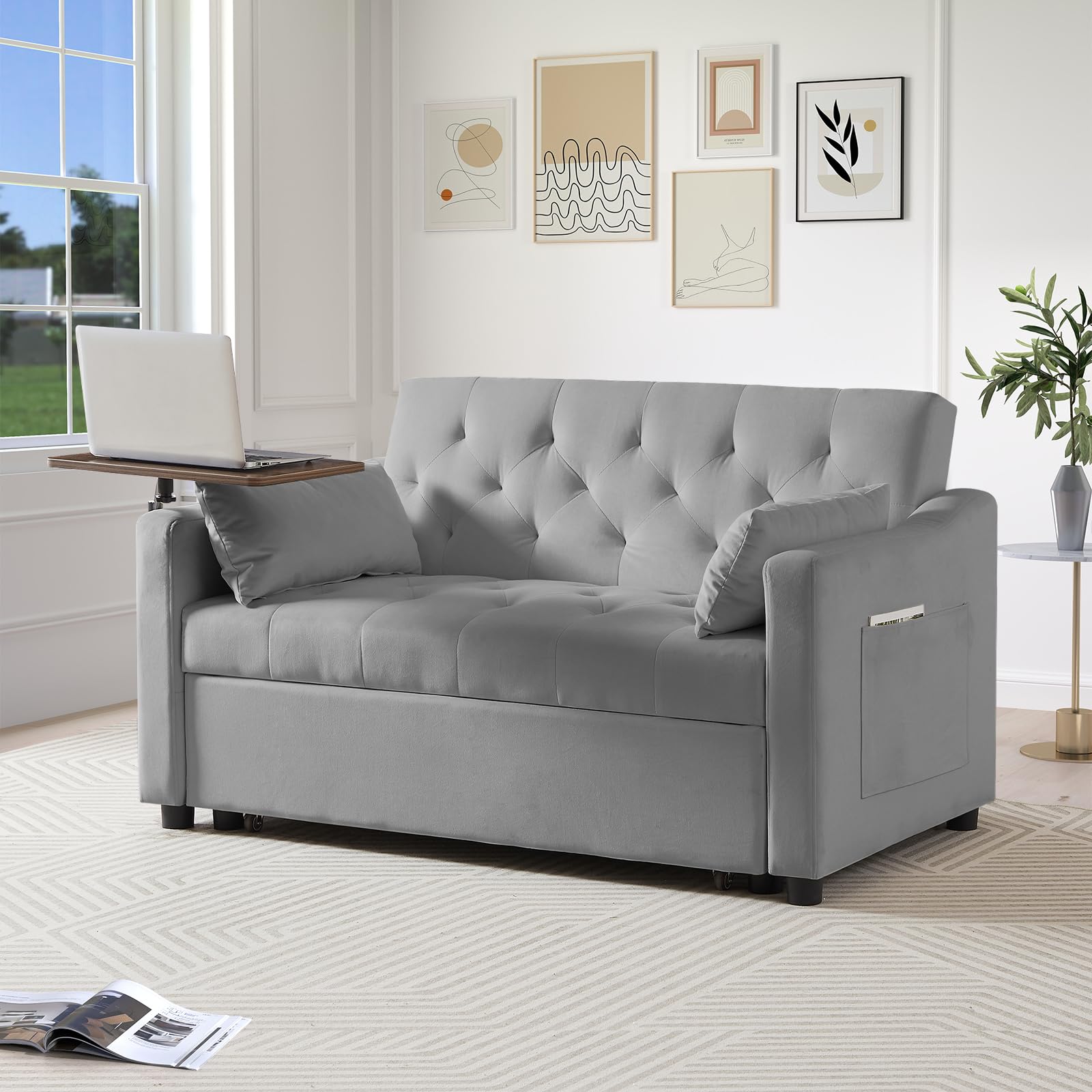 3-in-1 Convertible Loveseat Sleeper Sofa Bed, Pull-Out Couch with 3-Position Backrest & 360° Swivel Side Table, for Small Spaces, Grey