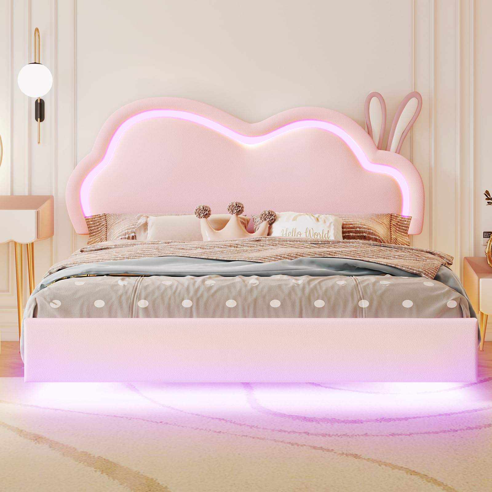 LED Full Bed Frame for Girls Upholstered Floating Bed with Cute Cloud Headboard, No Box Spring Needed, Leather, Pink