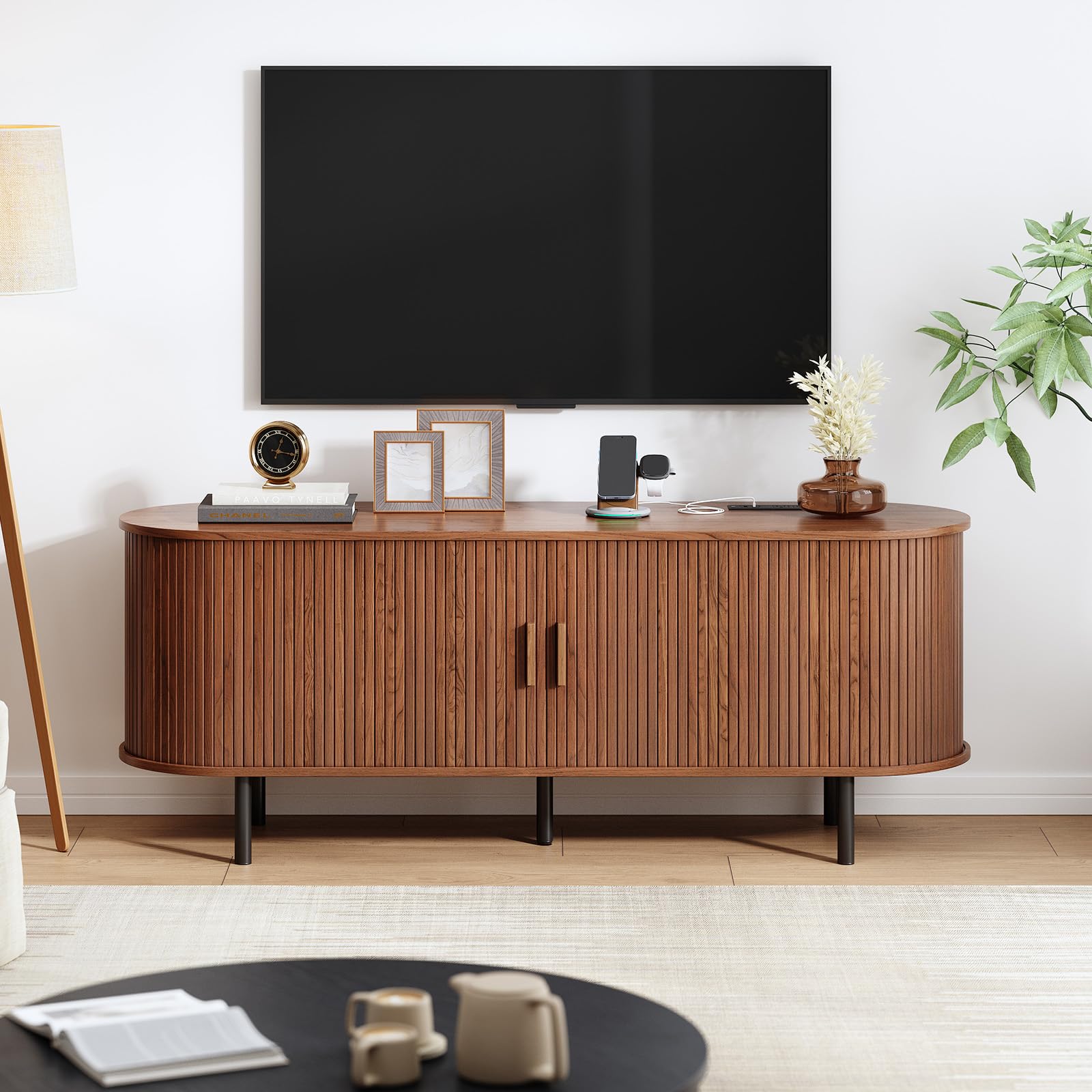 Mid-Century Modern TV Stand with Power Outlet, Media Console with Sliding Doors & Adjustable Shelves, Entertainment Center for TVs up to 60", Walnut