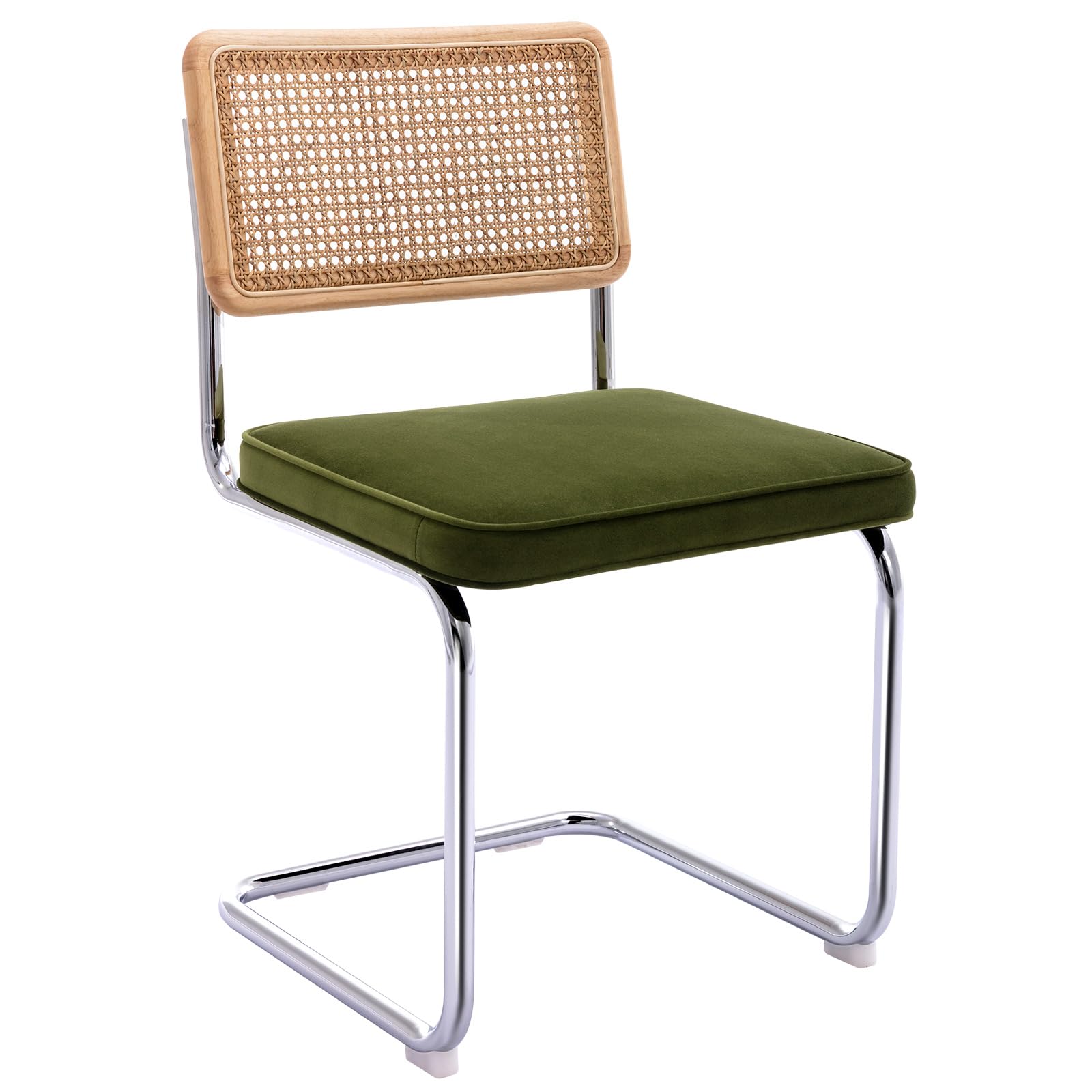 Natural Rattan Dining Chairs Set of 2, Modern Boho Kitchen Chairs with Solid Wood Back & Chrome Base, Mid Century Breuer Design Inspired