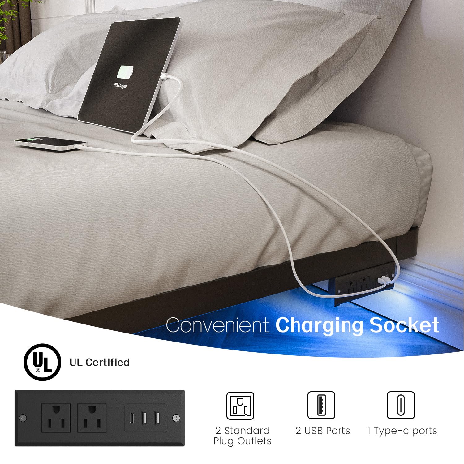 Floating Bed Frame Full Size with Smart LED Lights and Charging Station - Modern Metal Platform Bed, Easy Assembly No Box Spring Needed