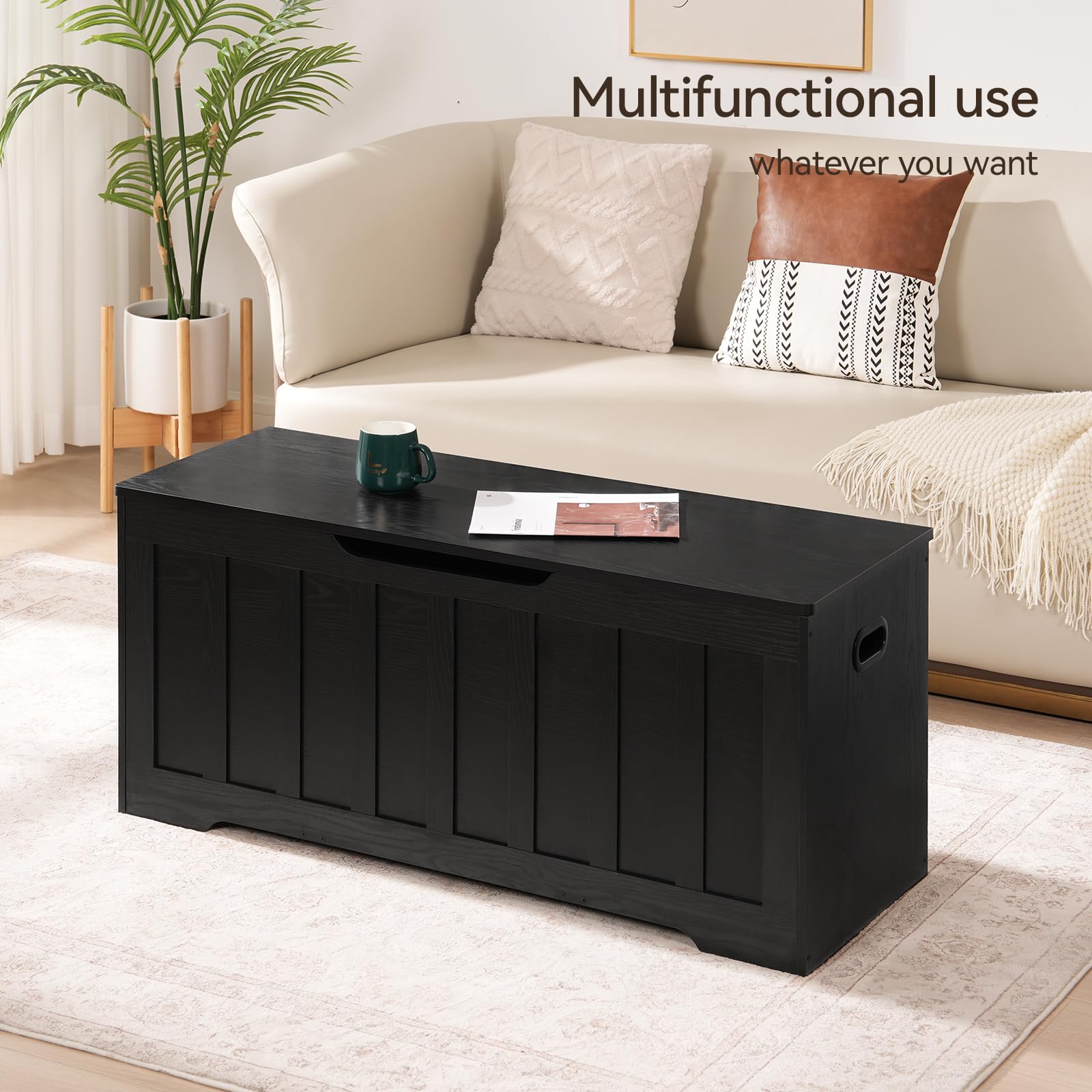 43.3" Extra Large Storage Chest Bench, Wooden Trunk with 2 Safety Hinges, Shoe Bench for Bedroom, Entryway, Living Room, Easy Assembly, Black