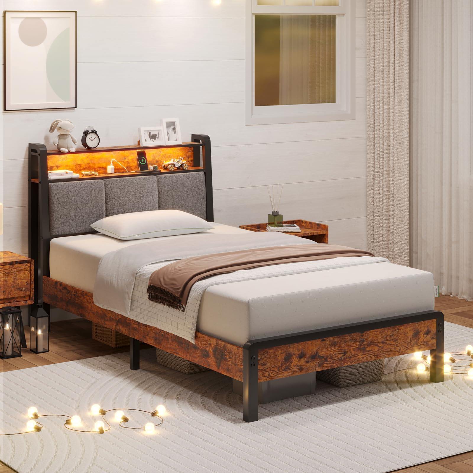 Twin Bed Frame for Kids with LED Lights, Charging Station, Storage Headboard & Sturdy Slats – No Box Spring Needed, Easy Setup