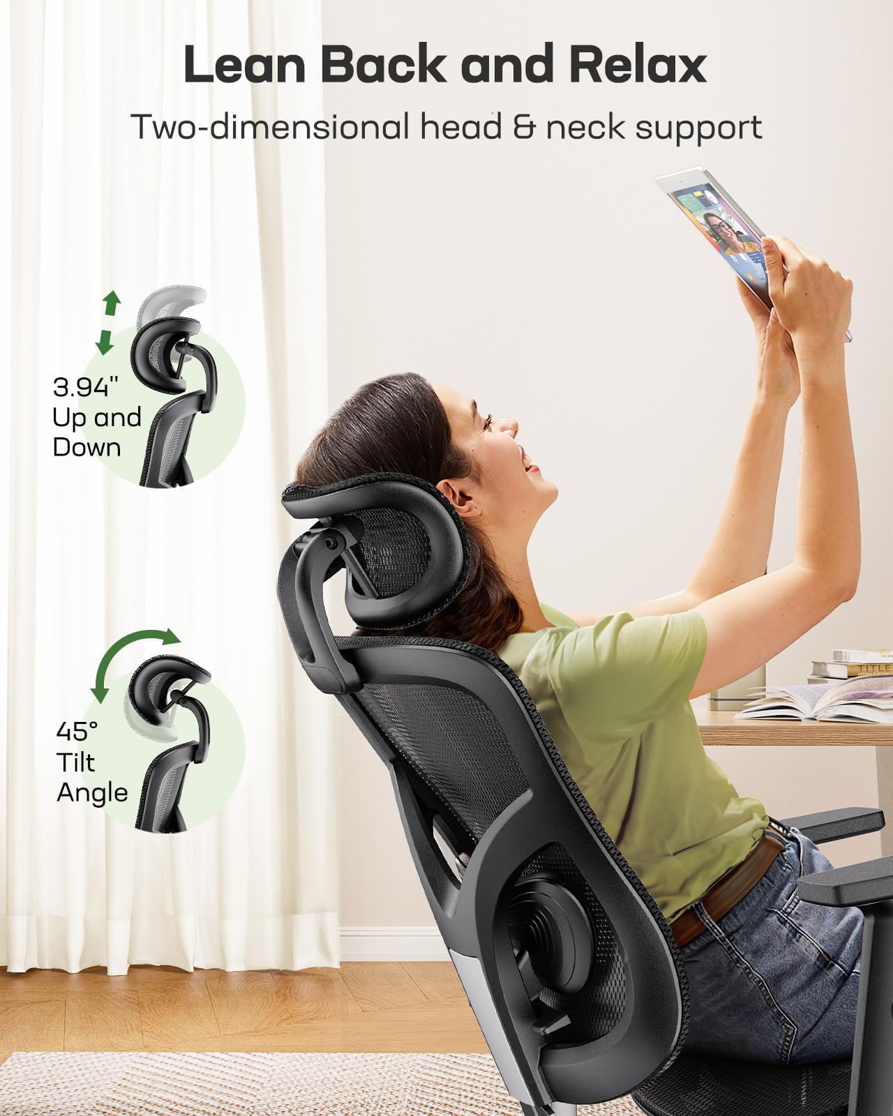 Ergonomic Mesh Office Chair, Computer Desk Chair with Adjustable Lumbar, 2D Headrest & Armrests, Comfortable Gaming Chair, Black