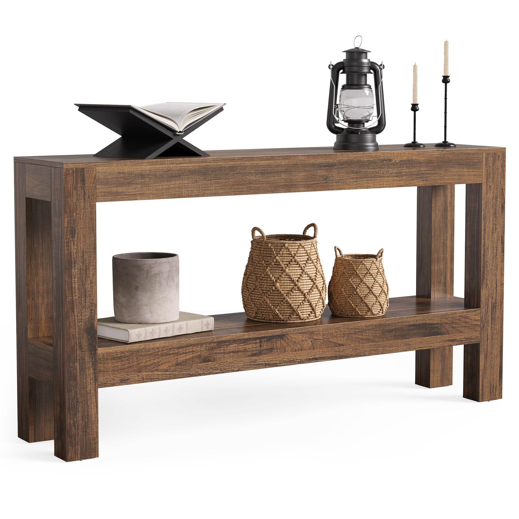 63-Inch Narrow Long Console Table for Living Room, Farmhouse Wood Entryway Table for Hallway, Sofa, Entry, Entrance, Foyer, Behind Couch with 2-Tier Shelves, Brown