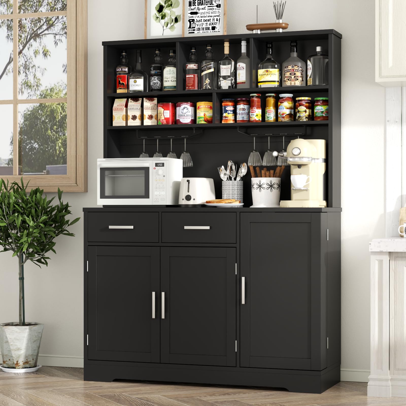 Pantry Storage Cabinet with 2 Drawers, Tall Kitchen Hutch Cabinet with Microwave Shelf, Modern Buffet Cabinets with Goblet Holders, Food
